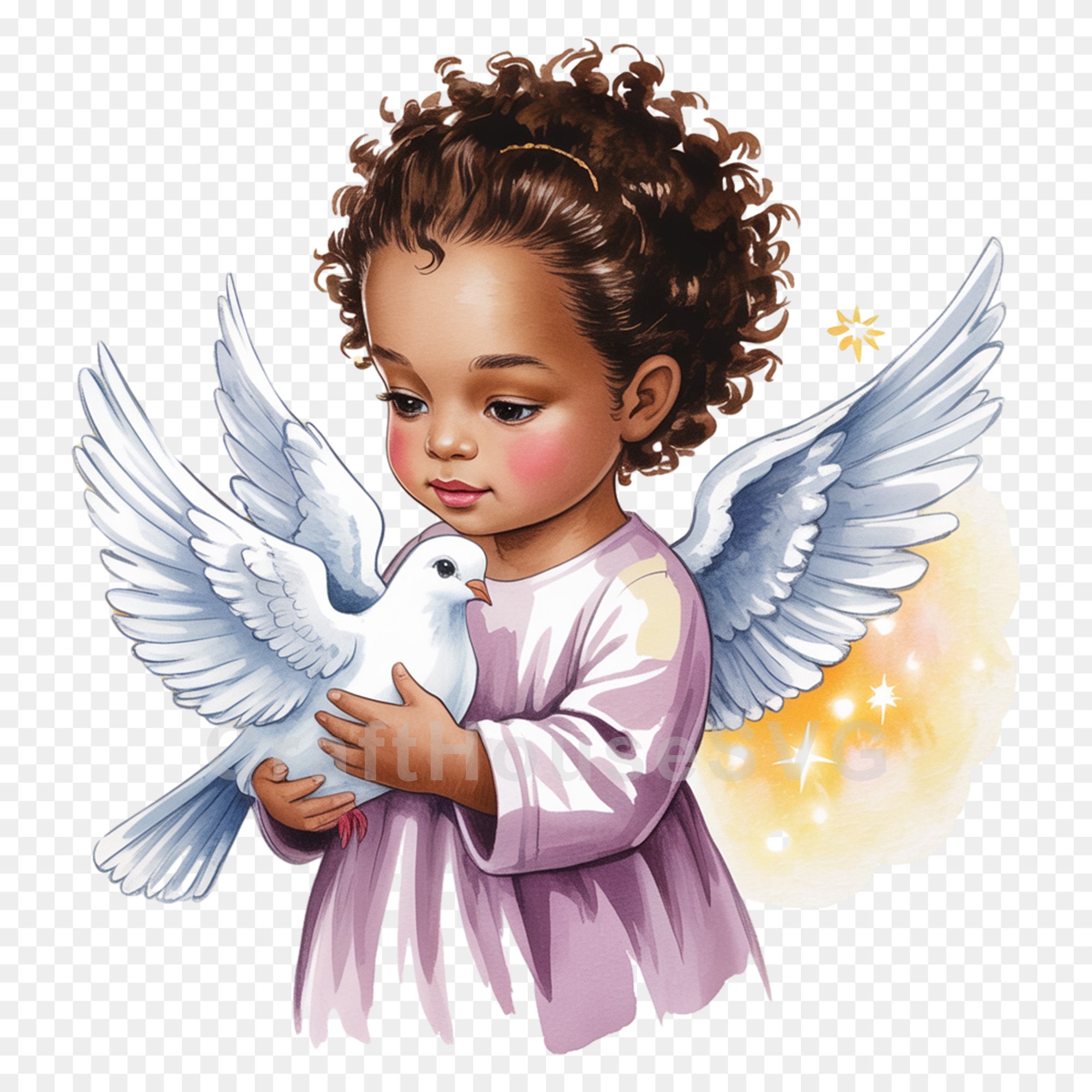 Cute African American Angel with Dove PNG Clip Art Sublimation