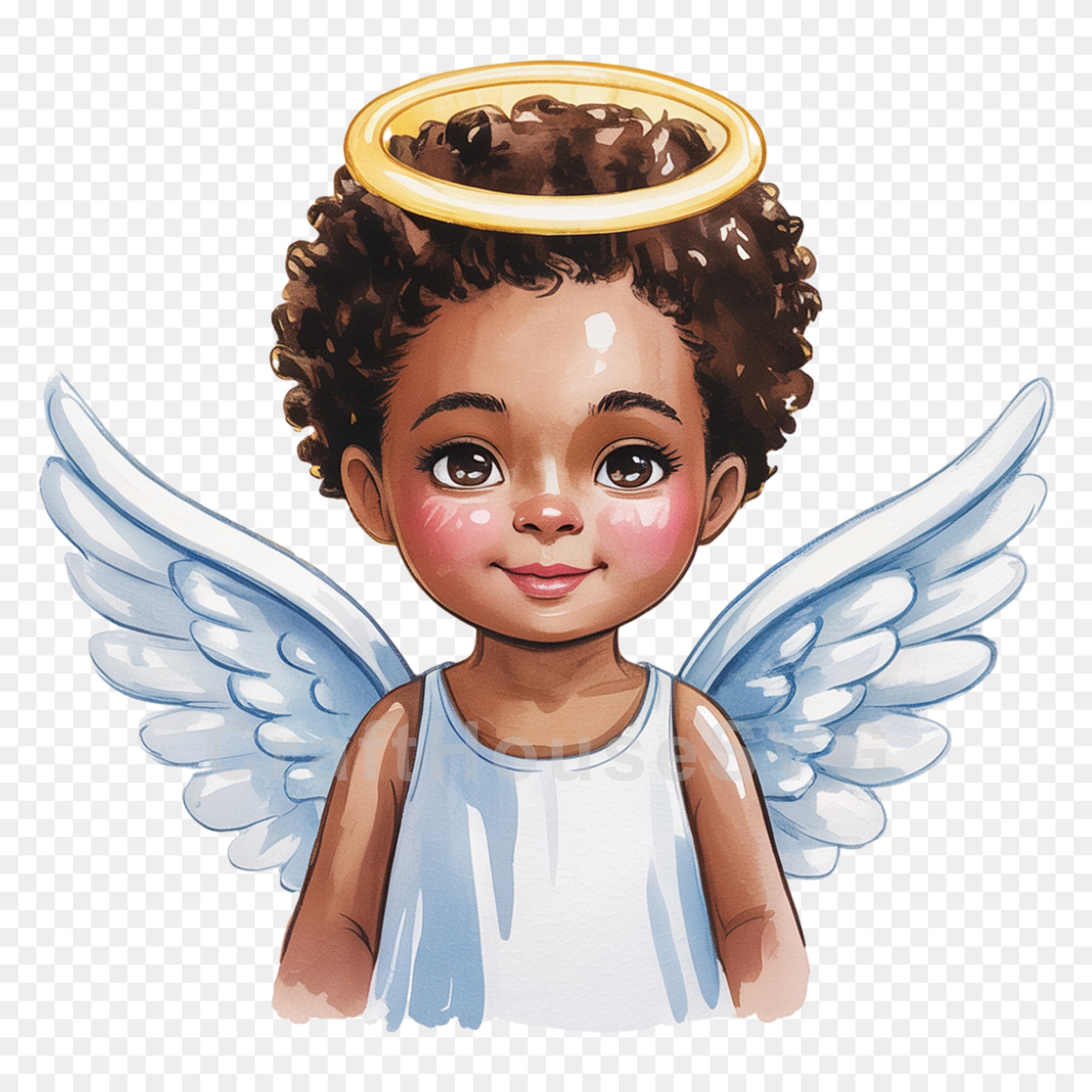 Cute African American Angel with Halo PNG Clip Art Sublimation