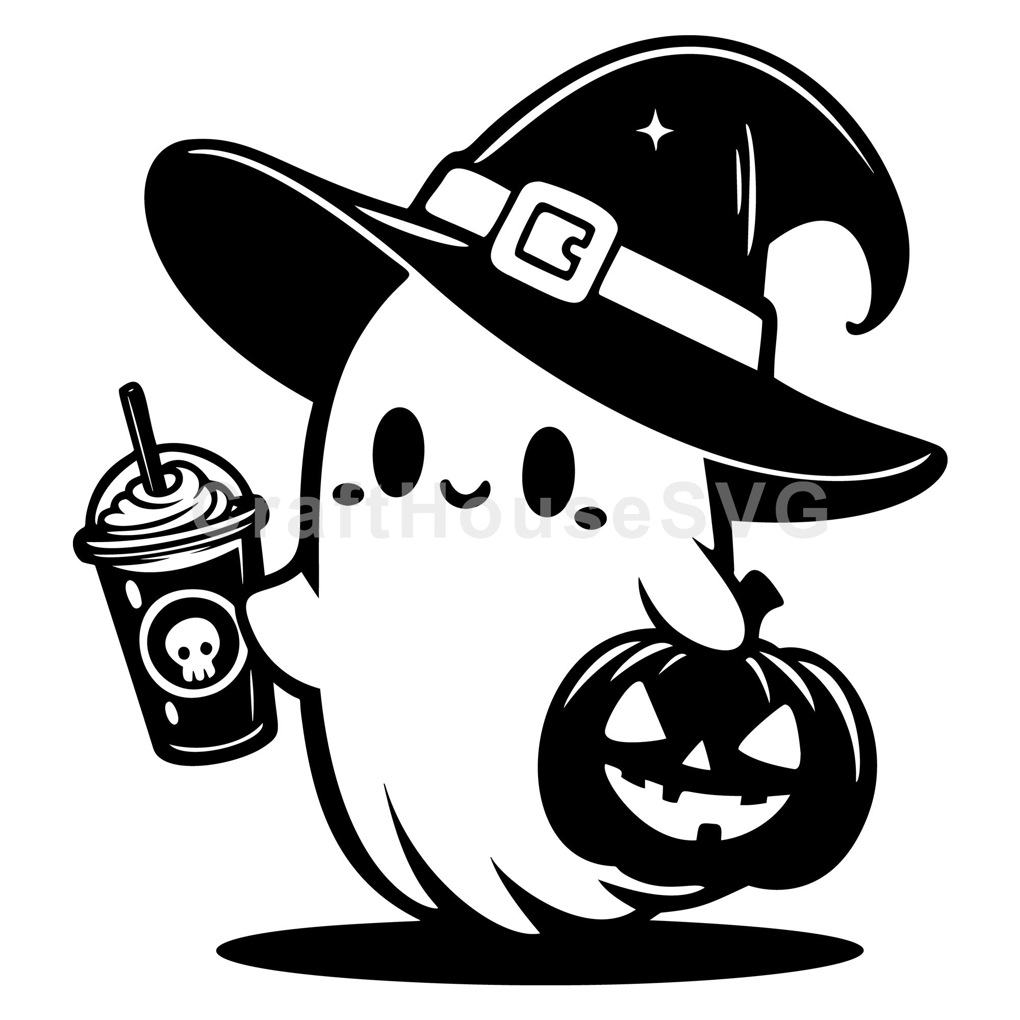 Ghost with Iced Drink and Pumpkin SVG
