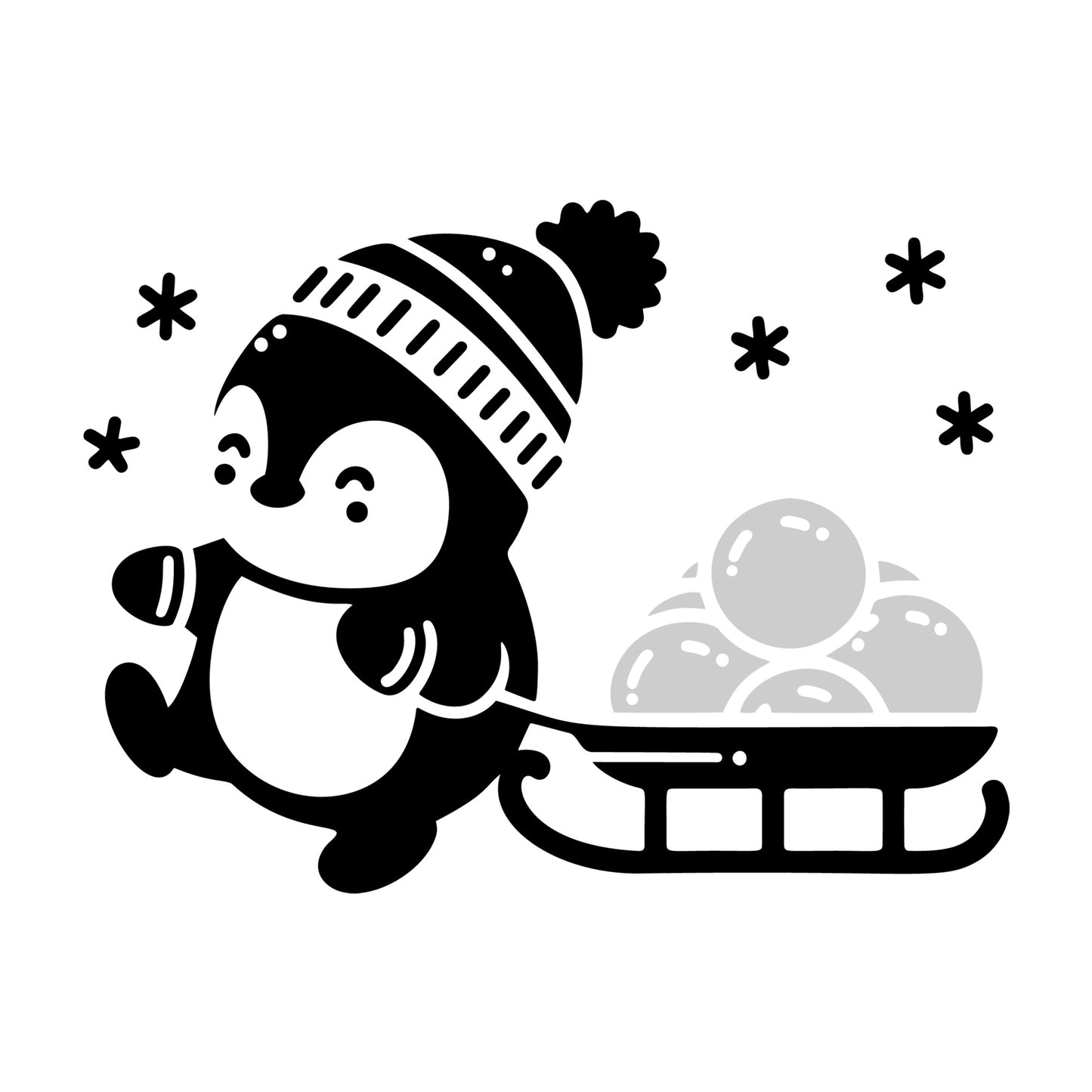 Cute Penguin Pulling Snowballs Sled SVG design for Cricut, Silhouette, laser cutting, vinyl, sublimation, and craft projects.