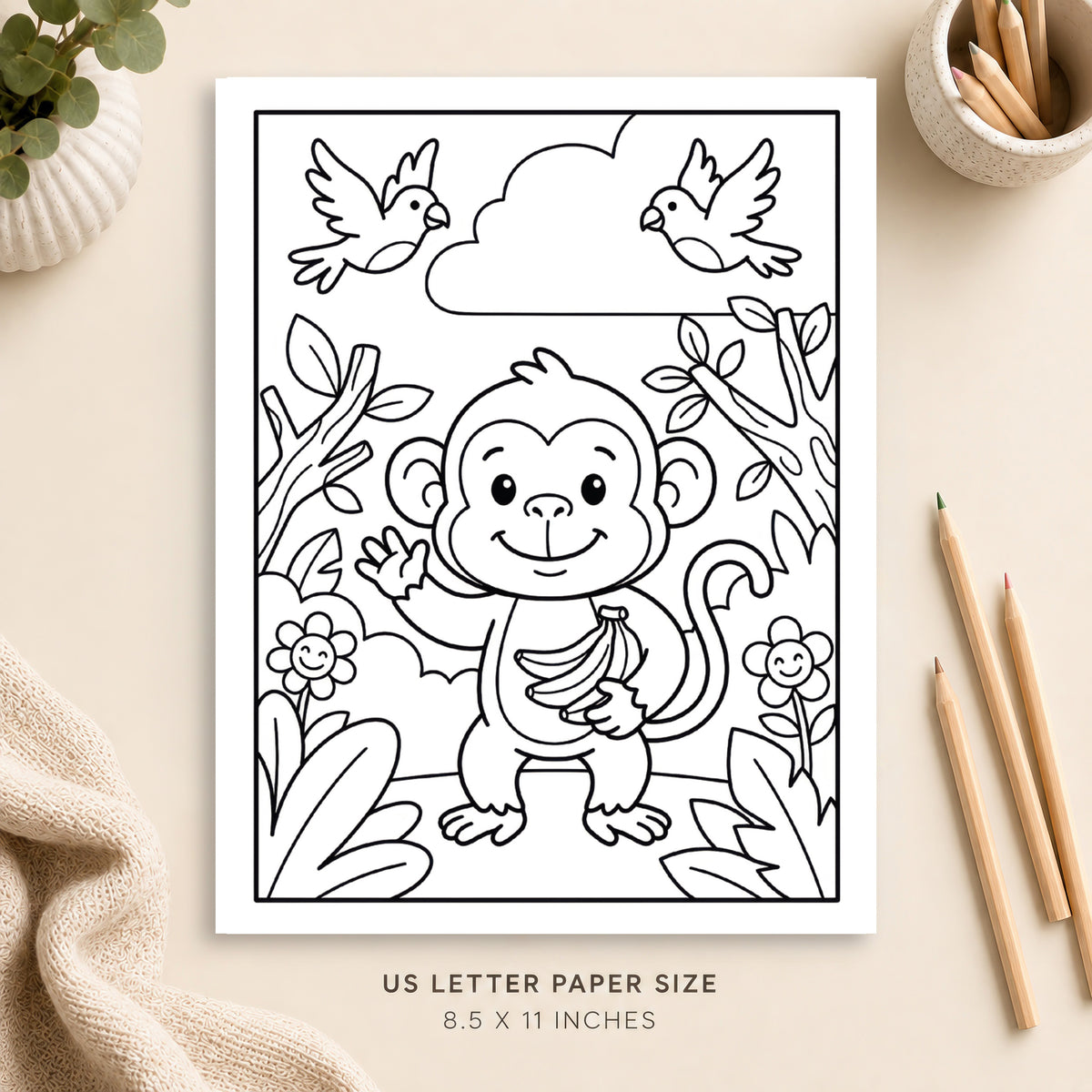 Cute Monkey Coloring Page 2