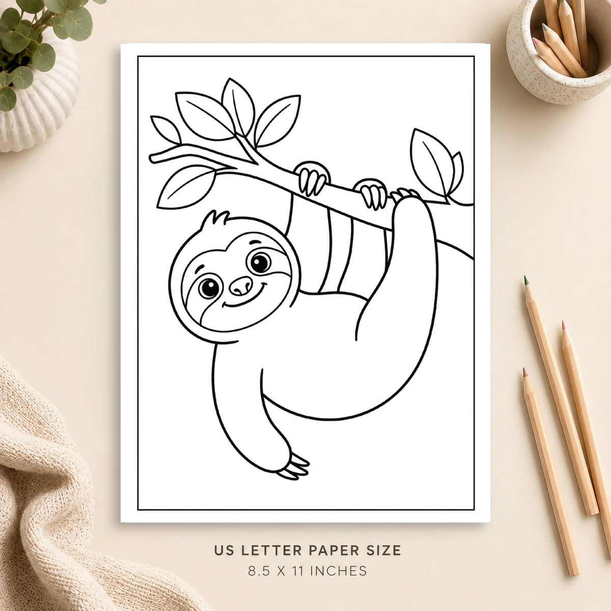 Cute Sloth Coloring Page 1