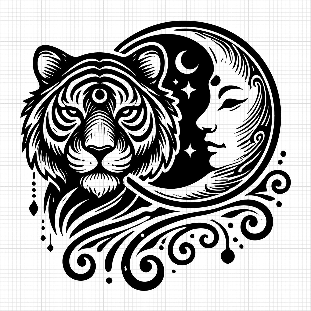 Ethereal Moon and Tiger Silhouette with Flowing Patterns