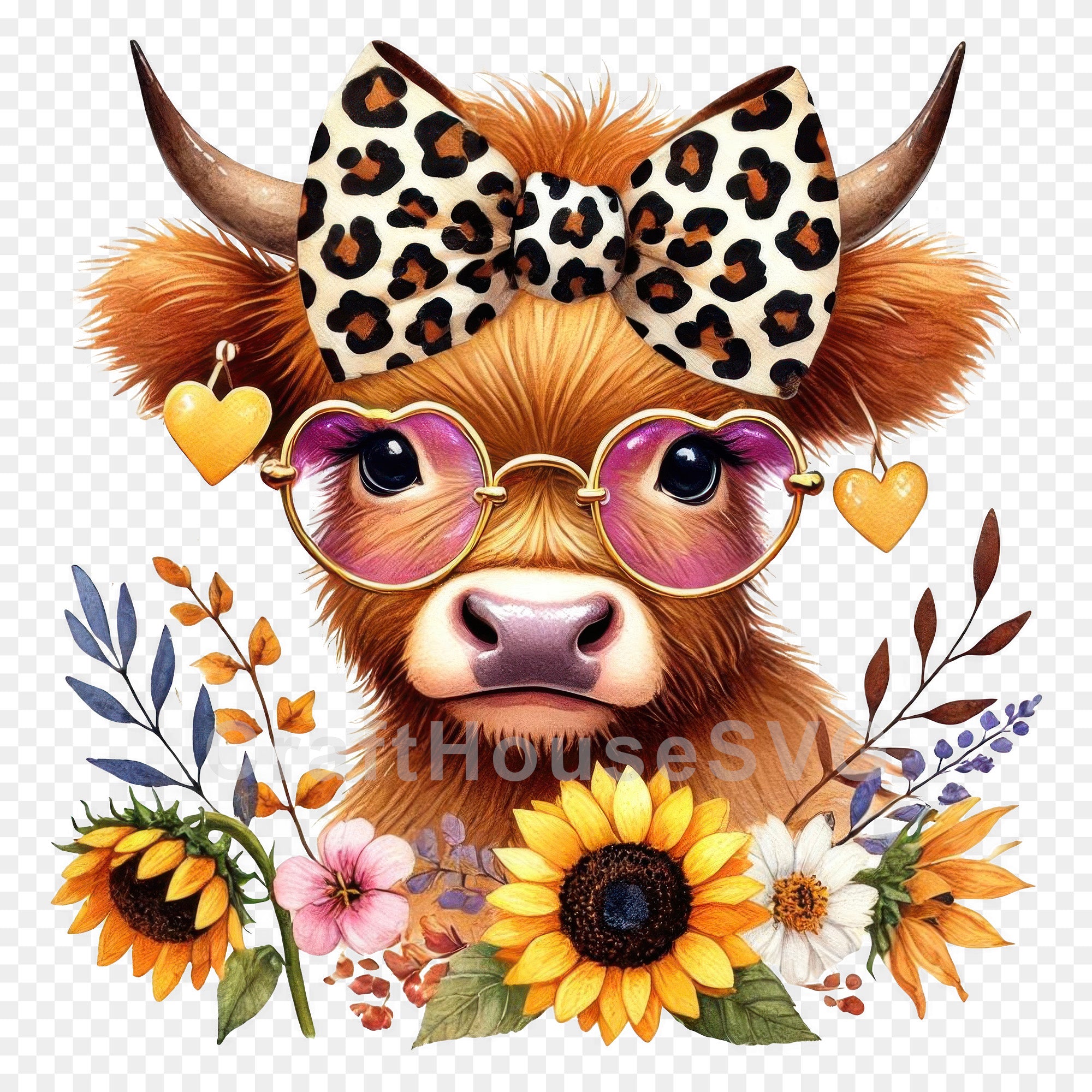 Highland Cow Heart Shaped Glasses and Sunflowers PNG