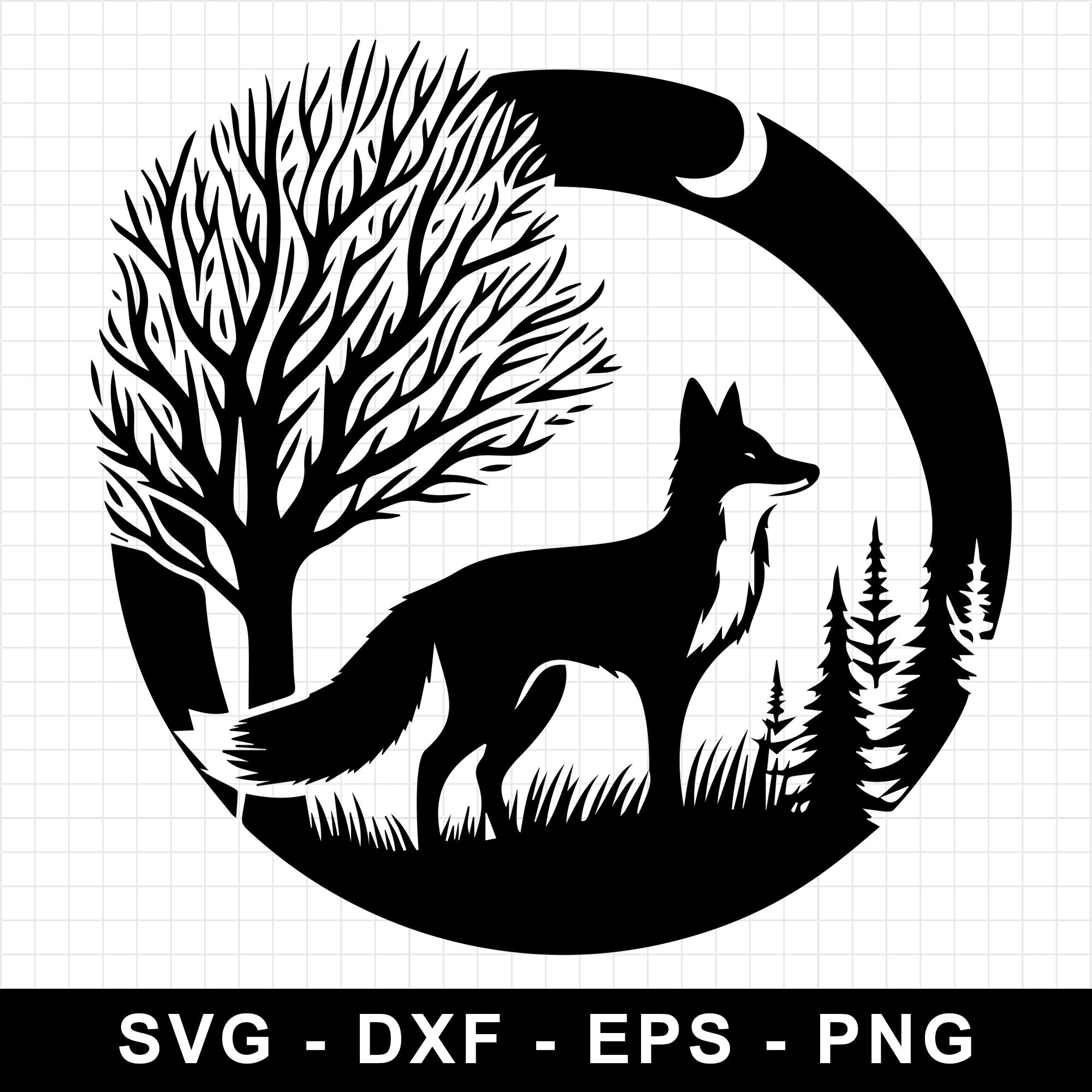 Fox Silhouette Standing with Tree and Moon in Background SVG