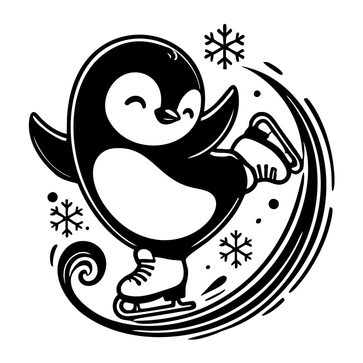 Graceful Penguin Ice Skating with Swirl SVG design for Cricut, Silhouette, laser cutting, vinyl, sublimation, and craft projects.