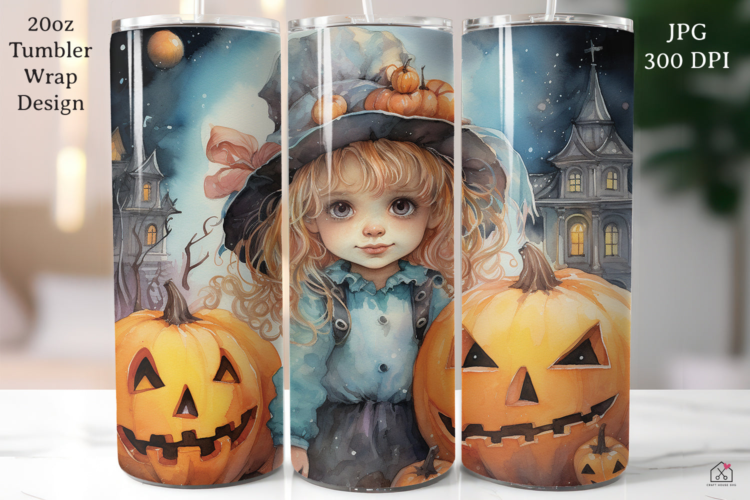 Watercolor Halloween 20oz Tumbler Wrap Bundle Sublimation Designs JPG