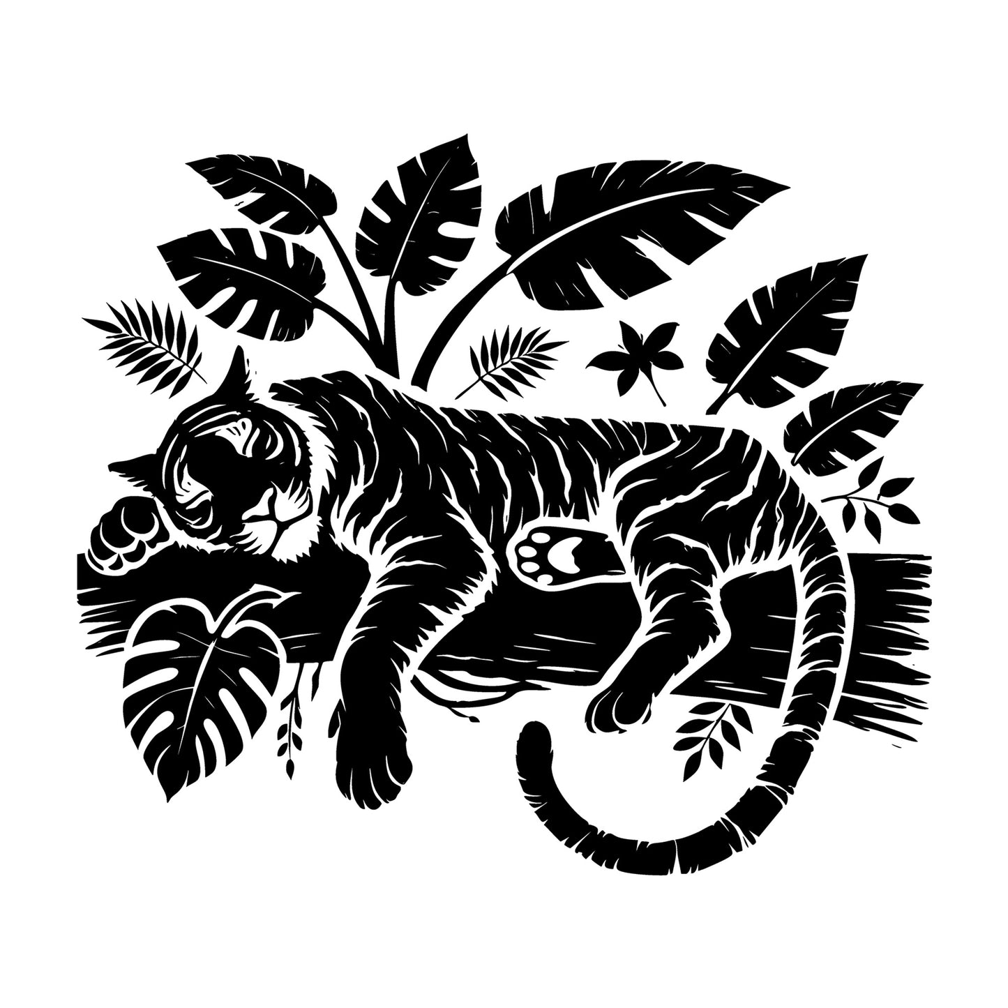 Jungle Sleeping Tiger with Leaves Silhouette SVG design for Cricut, Silhouette, laser cutting, vinyl, sublimation, and craft projects.