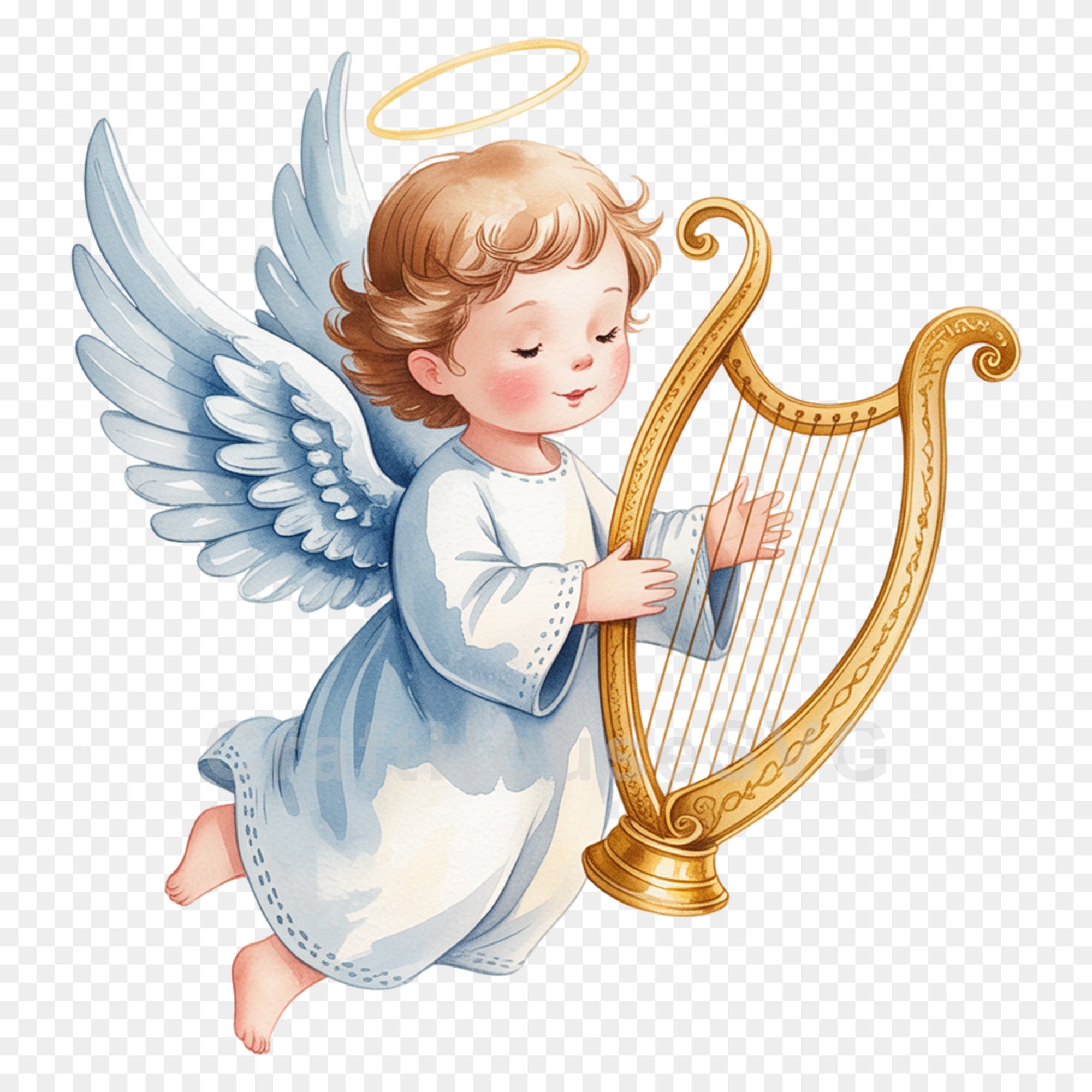 Little Angel Playing Harp PNG Clip Art Sublimation