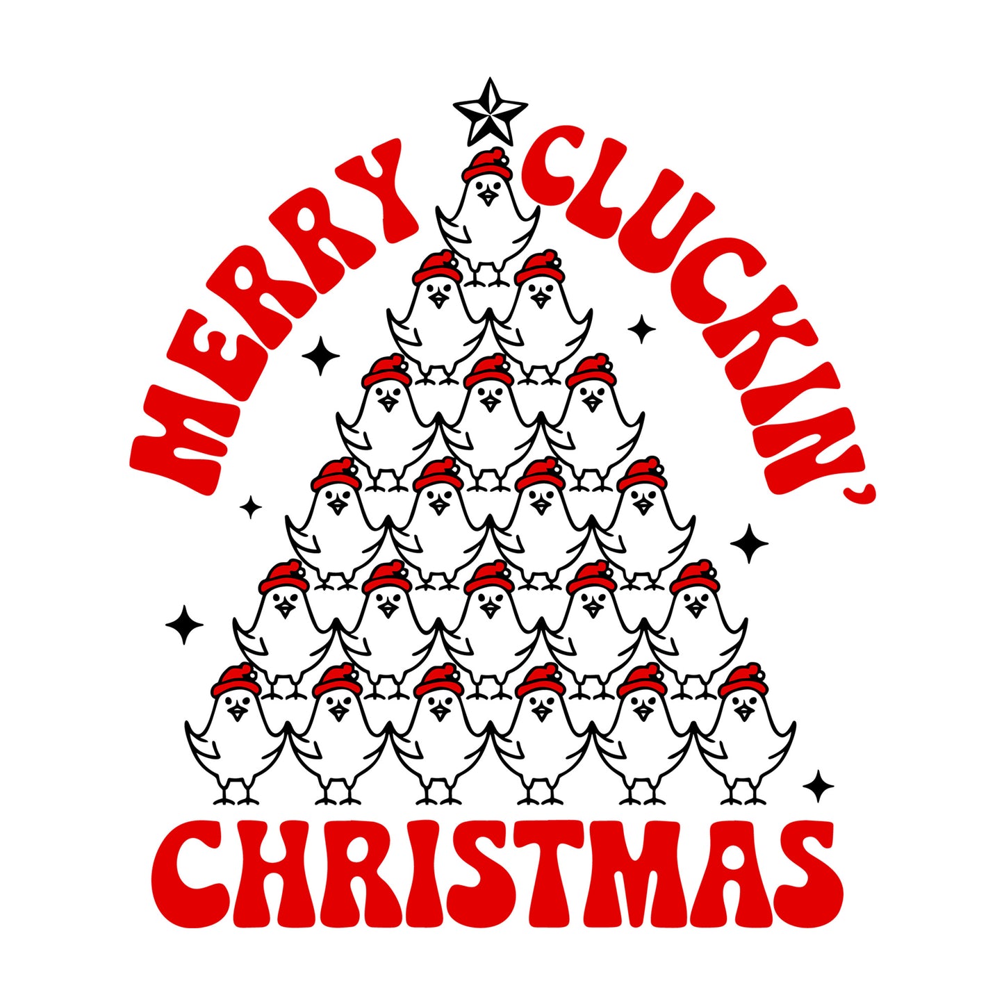 Merry Cluckin Christmas Chicken Tree SVG design for Cricut, Silhouette, laser cutting, vinyl, sublimation, and craft projects.