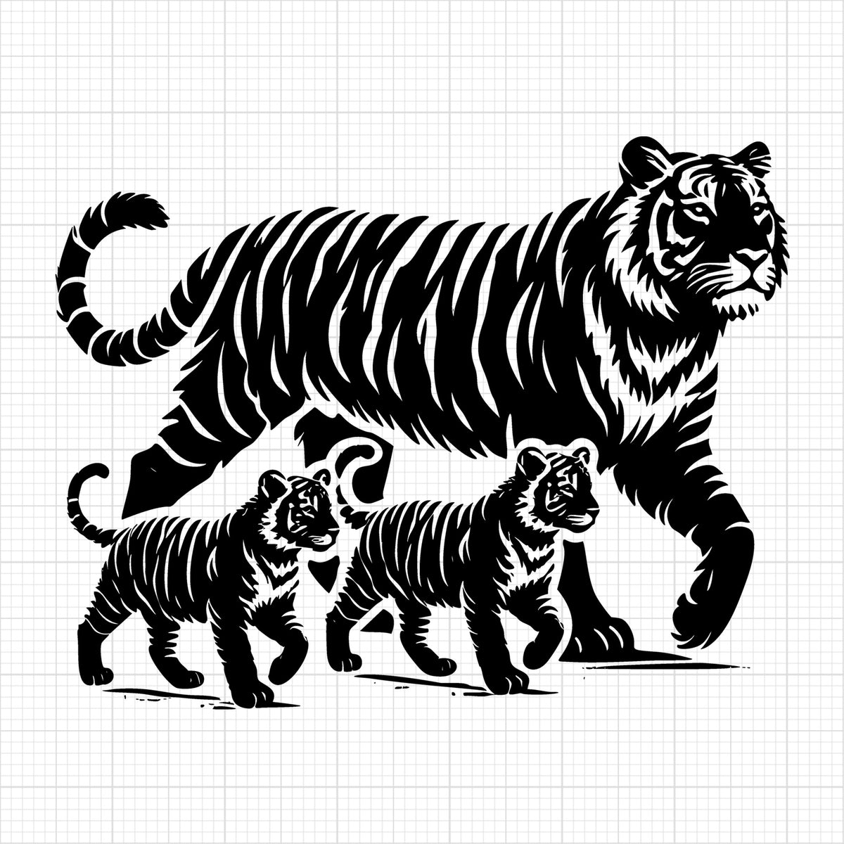 Mother Tiger and Cubs Walking