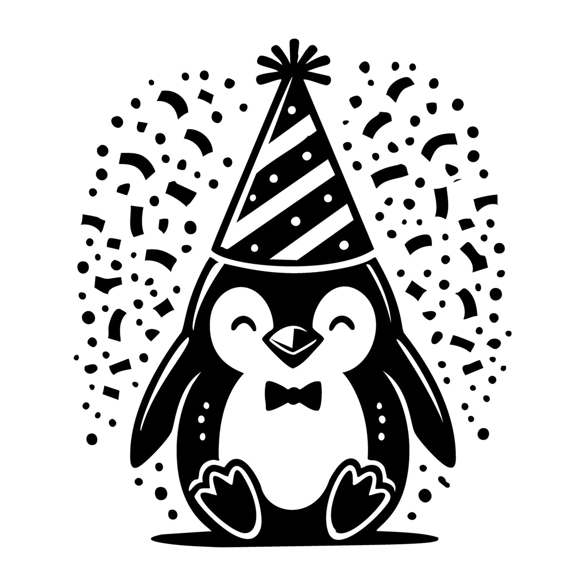 Party Penguin with Striped Hat and Confetti SVG design for Cricut, Silhouette, laser cutting, vinyl, sublimation, and craft projects.