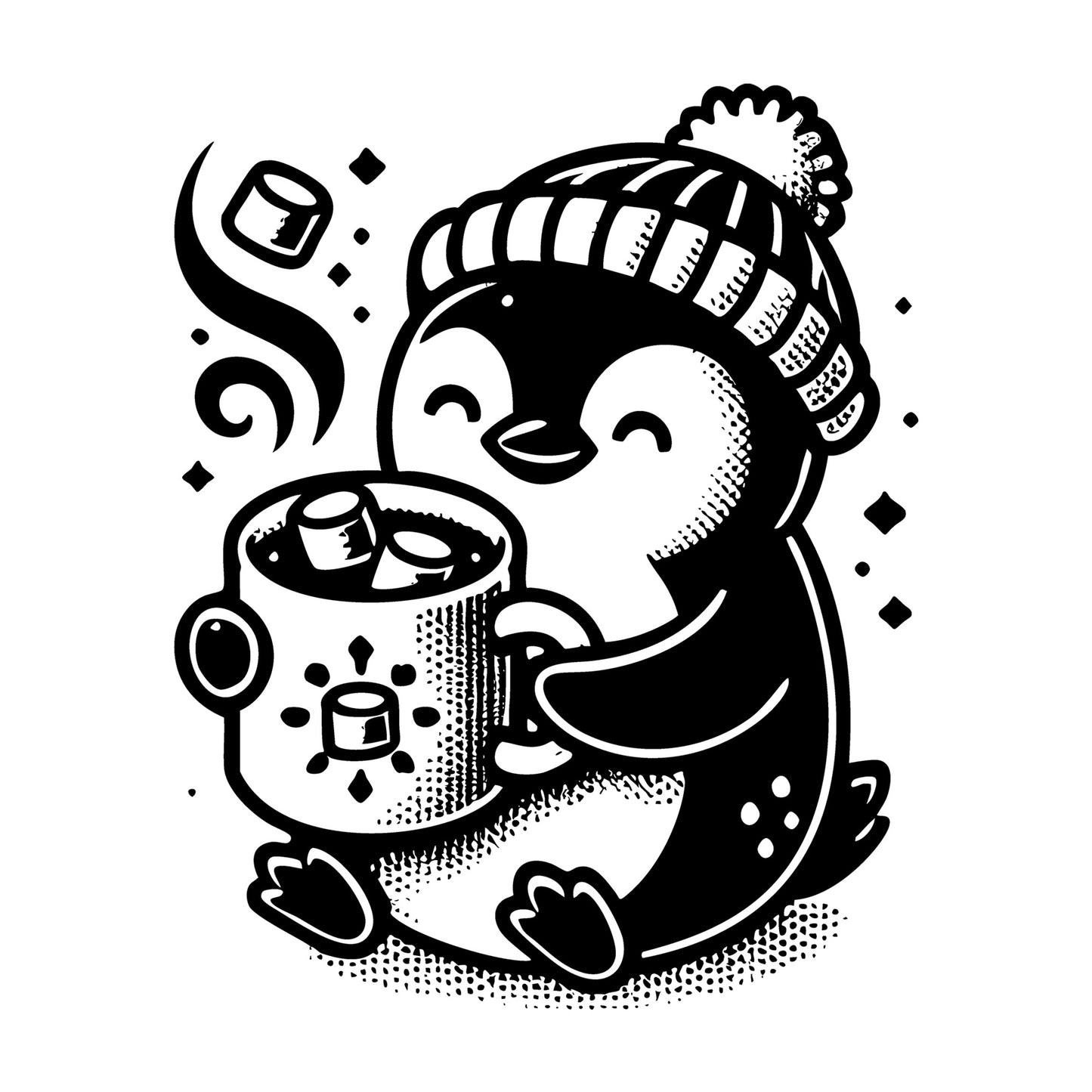 Penguin Enjoying Hot Cocoa with Marshmallows SVG design for Cricut, Silhouette, laser cutting, vinyl, sublimation, and craft projects.