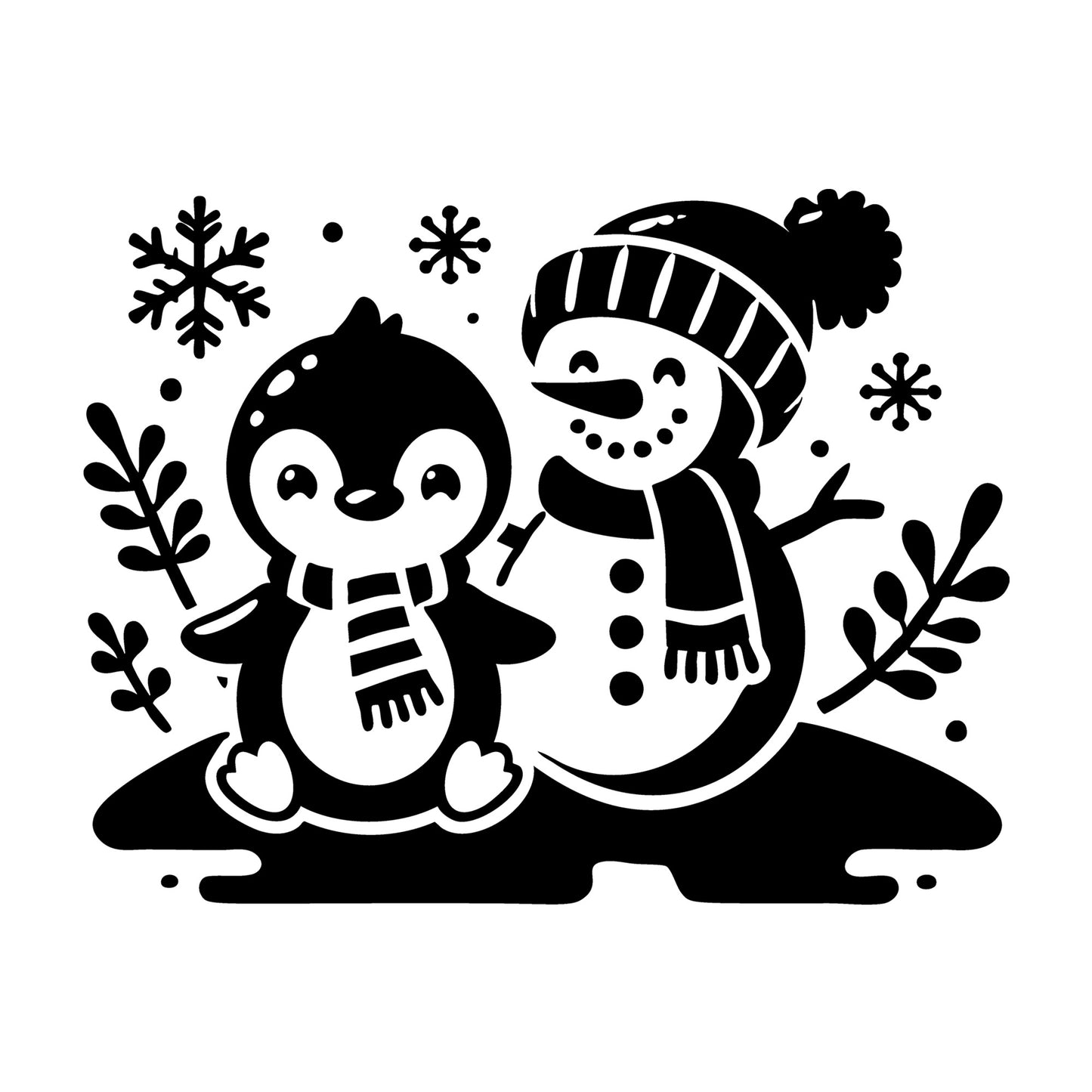 Penguin Sitting Next to Snowman SVG design for Cricut, Silhouette, laser cutting, vinyl, sublimation, and craft projects.