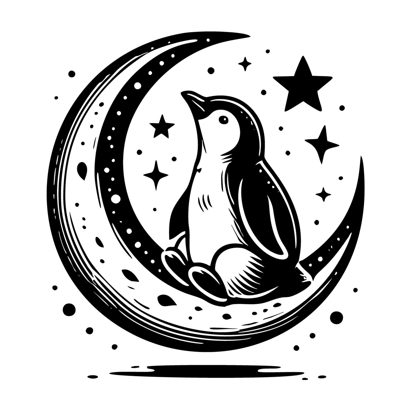 Penguin Sitting on Crescent Moon with Stars SVG design for Cricut, Silhouette, laser cutting, vinyl, sublimation, and craft projects.