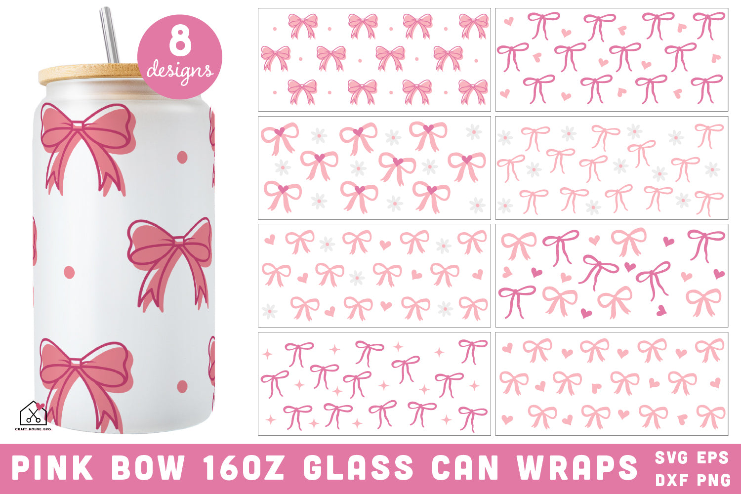 Pink Bow 16 Oz Glass Can Wrap SVG Bundle