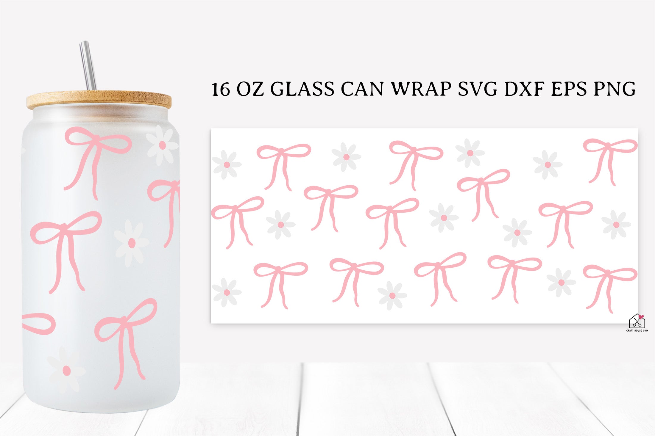Pink Bow 16 Oz Glass Can Wrap SVG Bundle