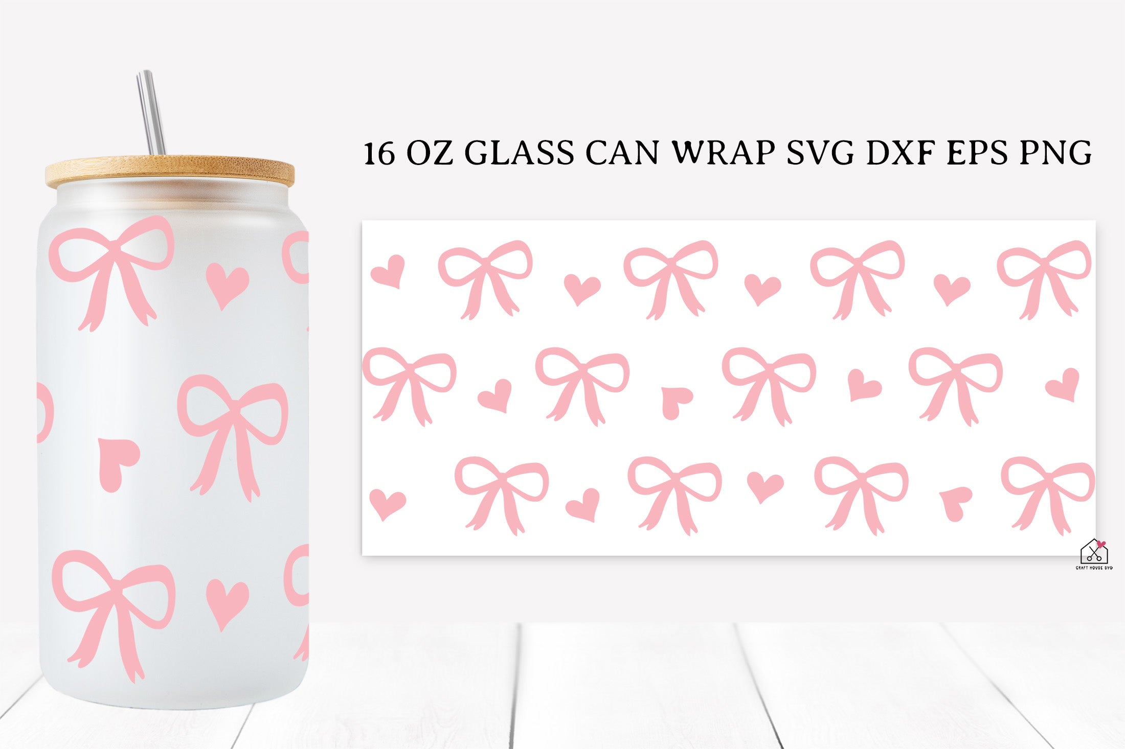 Pink Bow 16 Oz Glass Can Wrap SVG Bundle