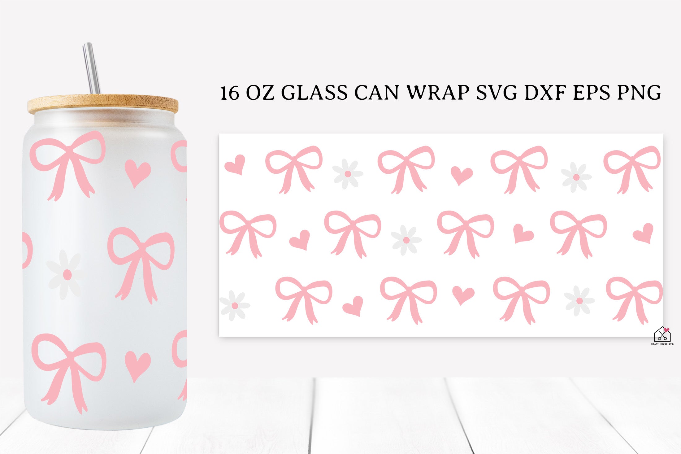 Pink Bow 16 Oz Glass Can Wrap SVG Bundle