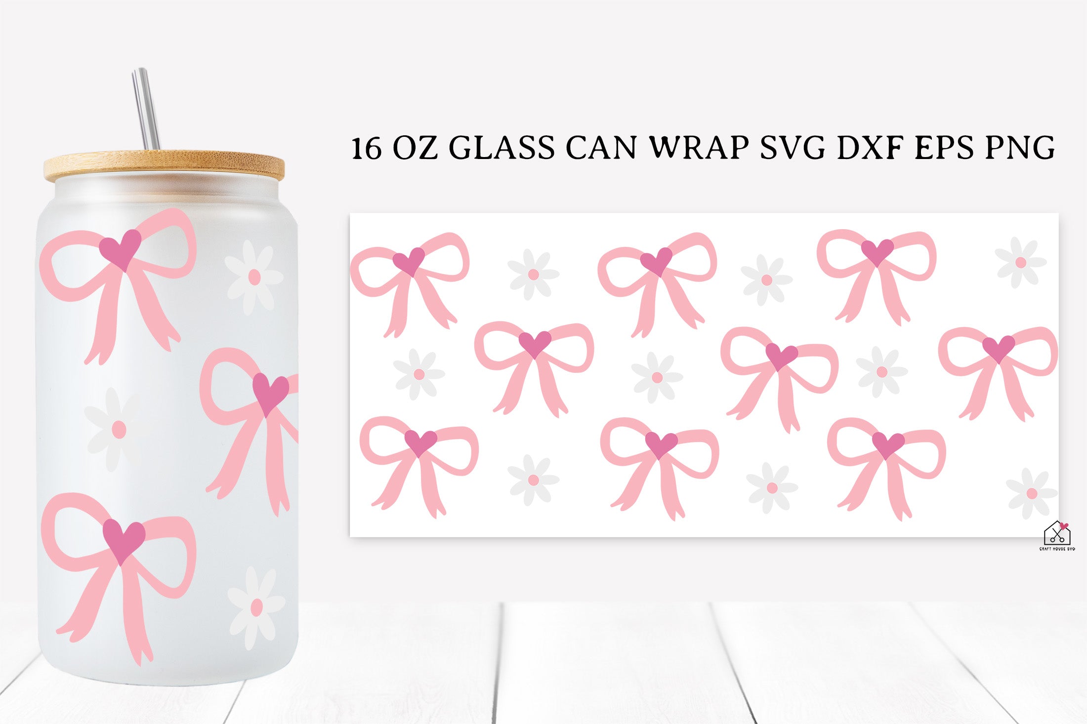 Pink Bow 16 Oz Glass Can Wrap SVG Bundle