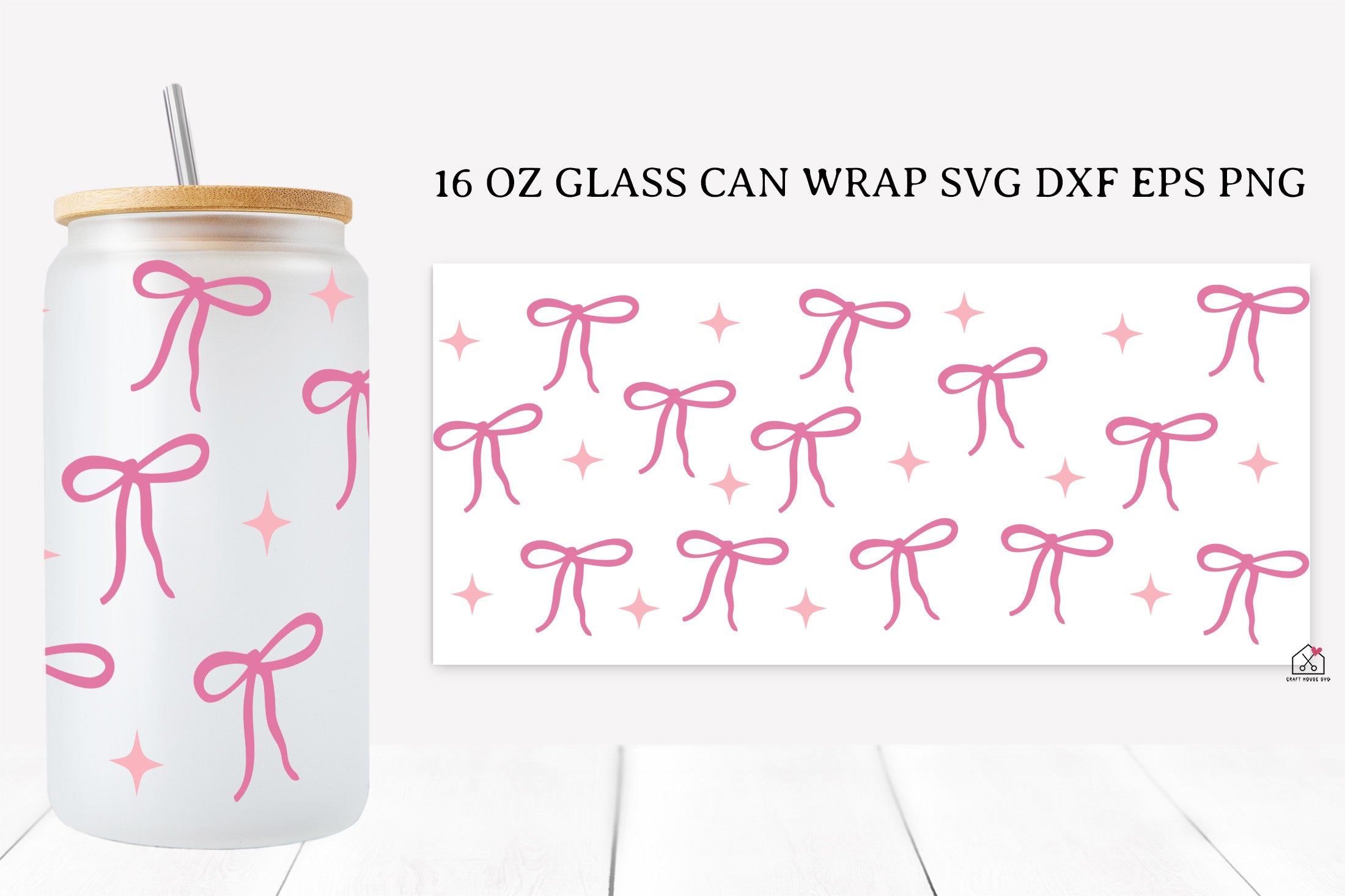 Pink Bow 16 Oz Glass Can Wrap SVG Bundle