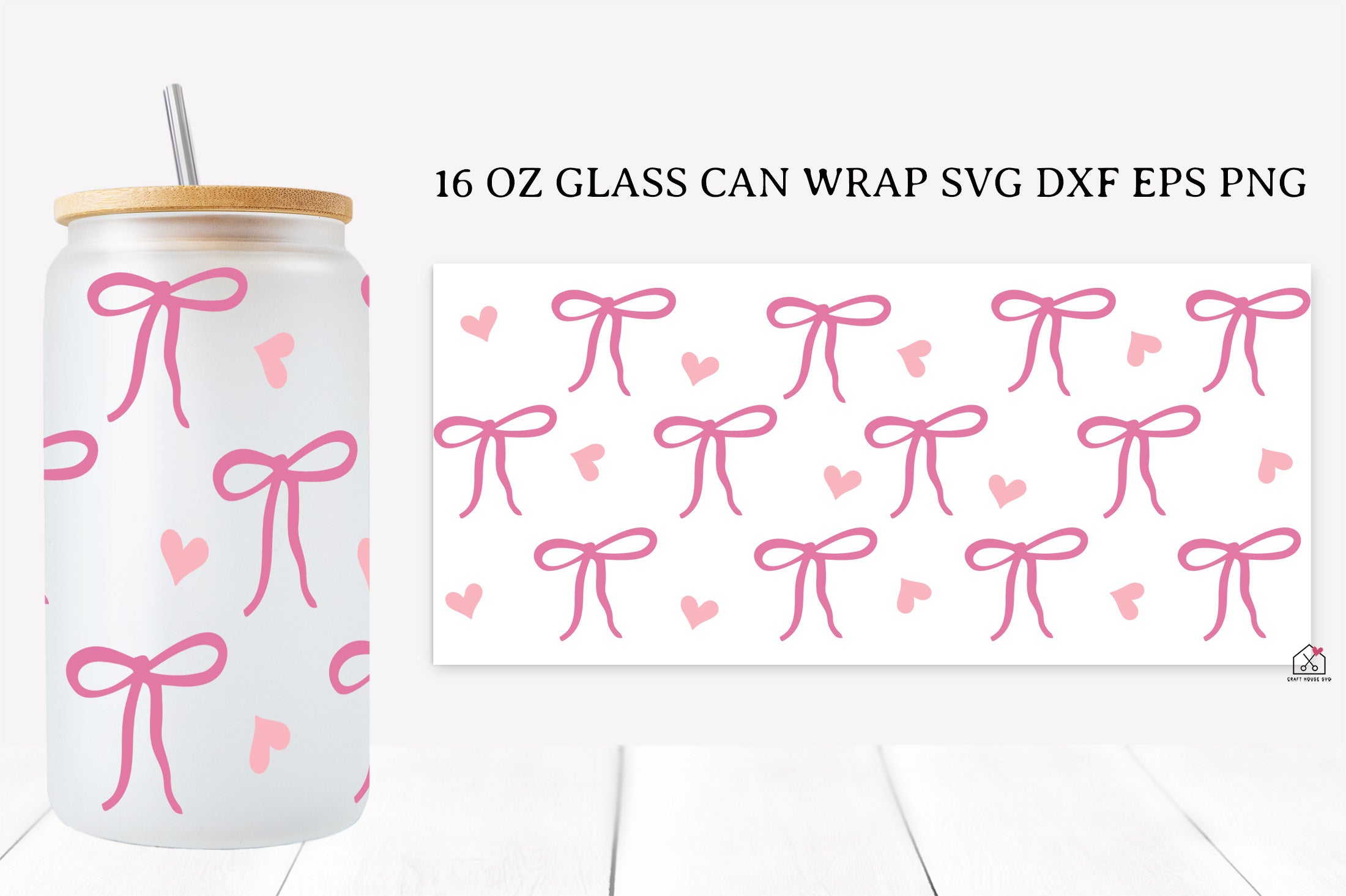 Pink Bow 16 Oz Glass Can Wrap SVG Bundle