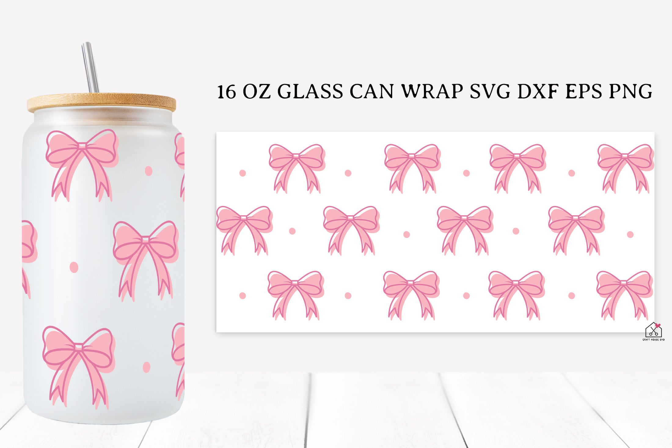 Pink Bow 16 Oz Glass Can Wrap SVG Bundle
