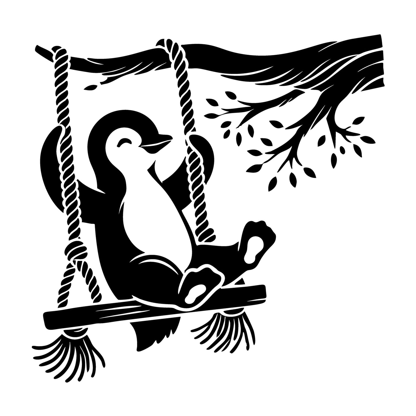 Playful Penguin on a Tree Swing SVG design for Cricut, Silhouette, laser cutting, vinyl, sublimation, and craft projects.