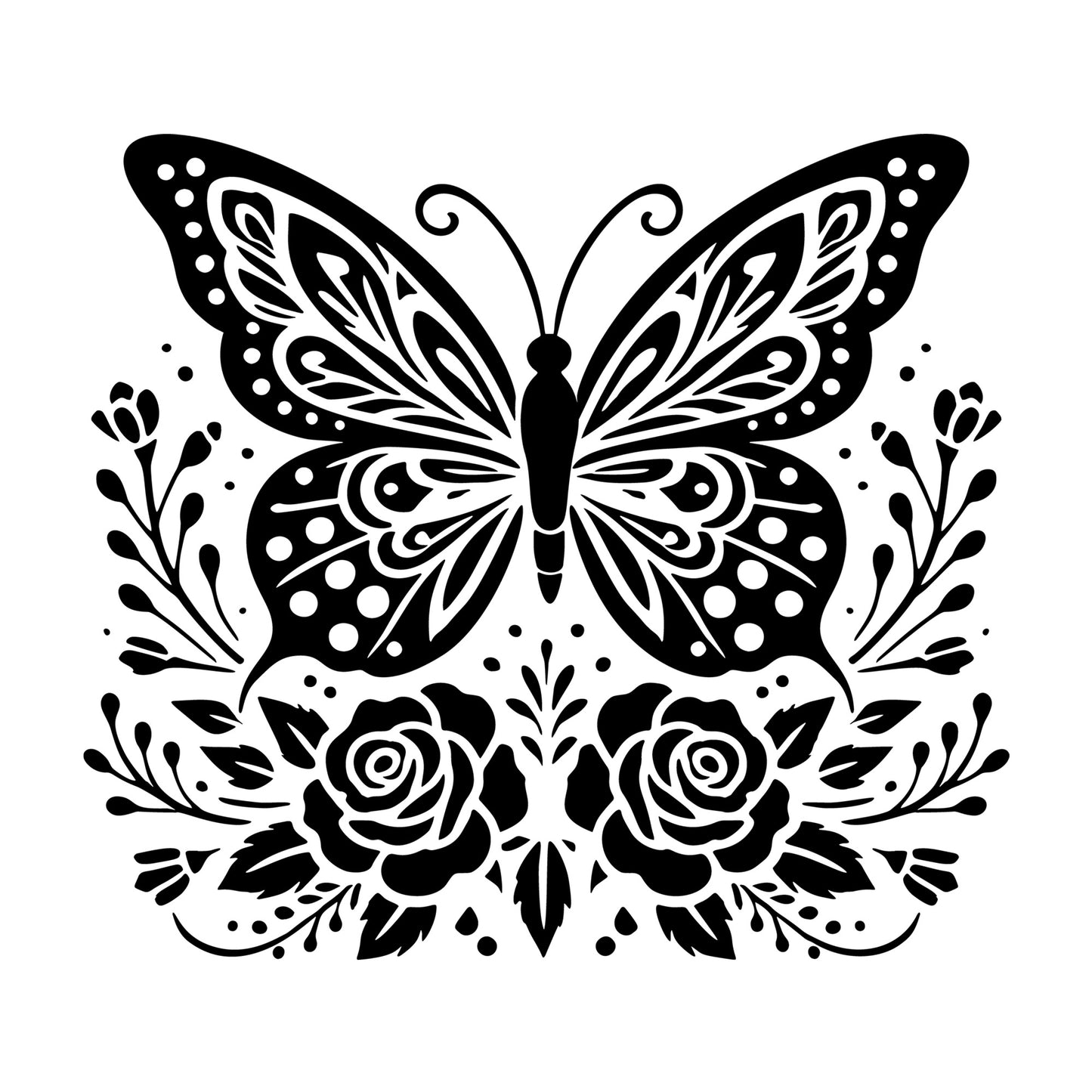 Roses Butterfly Floral SVG design for Cricut, Silhouette, laser cutting, vinyl, sublimation, and craft projects.