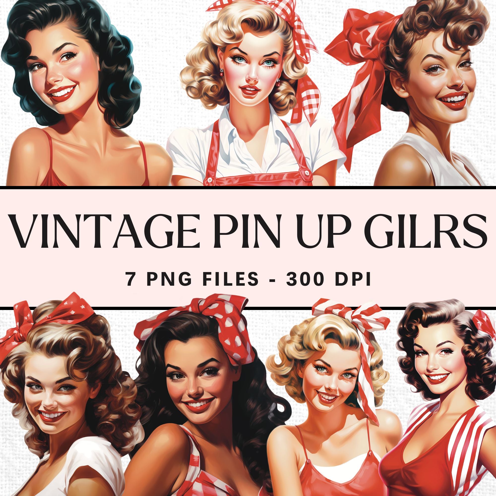 Vintage Pin Up Girl Sublimation Bundle Illustration Clipart Designs PNG