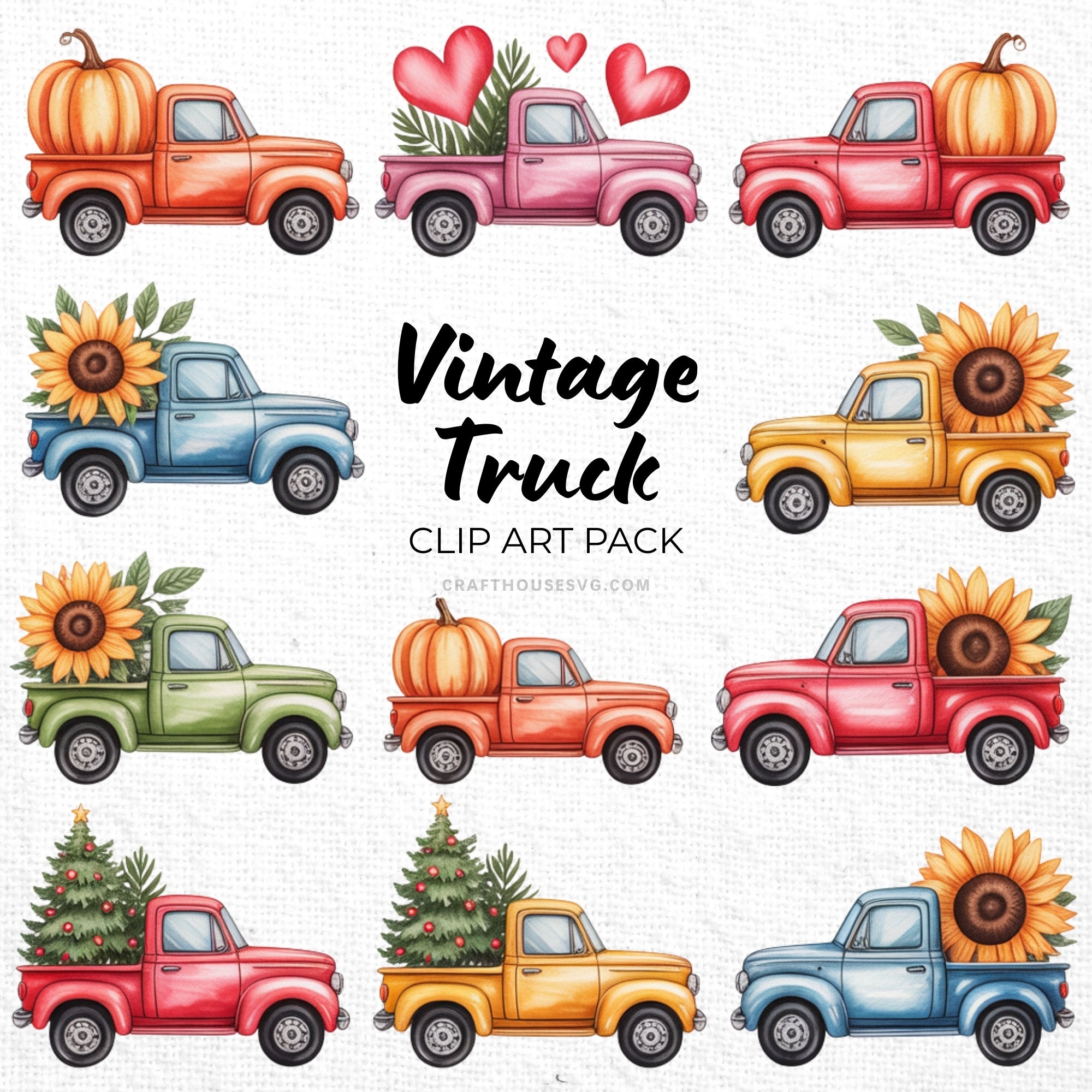 Vintage Truck Clipart Sublimation Bundle PNG