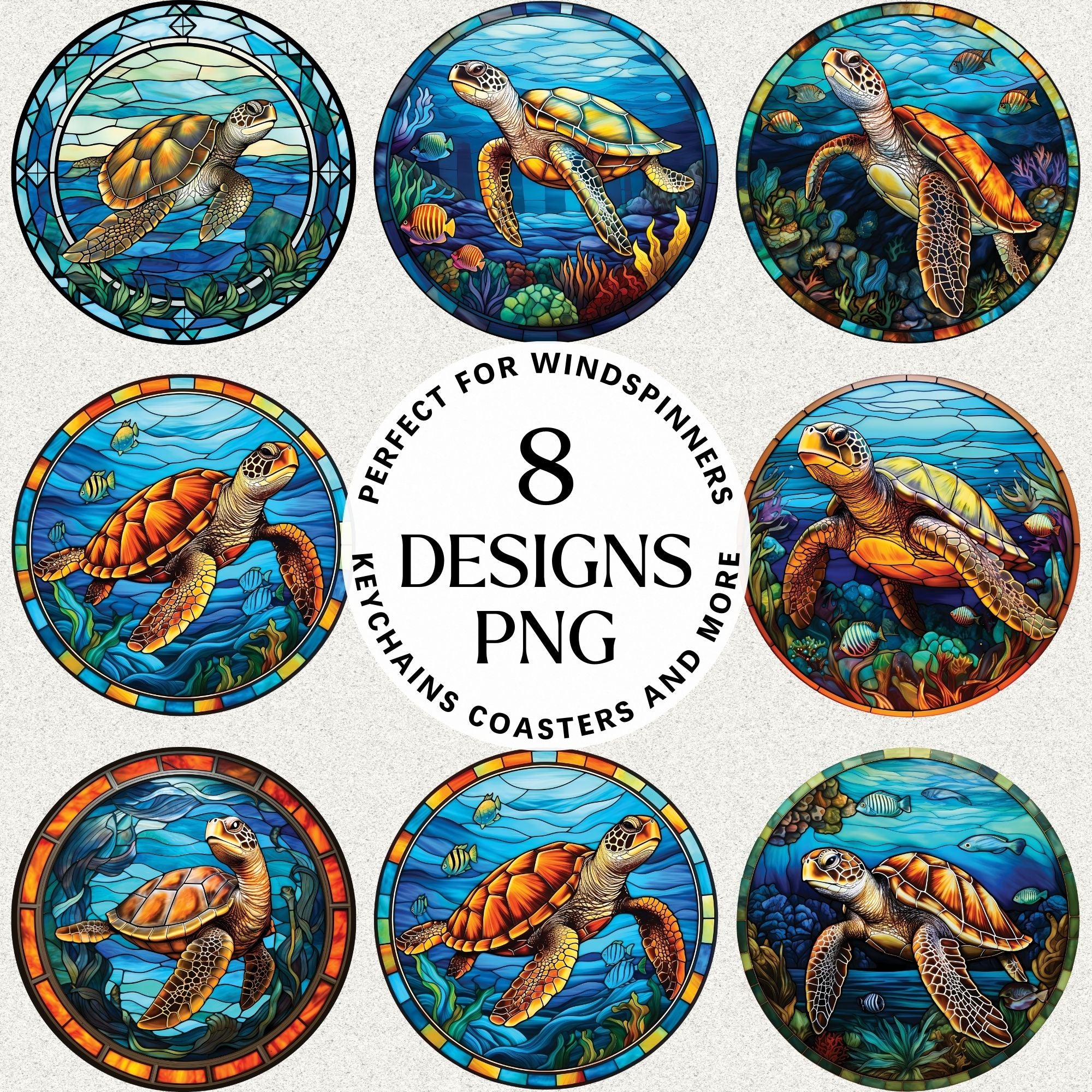Sea Turtle Stained Glass Sublimation Bundle Coaster Designs PNG