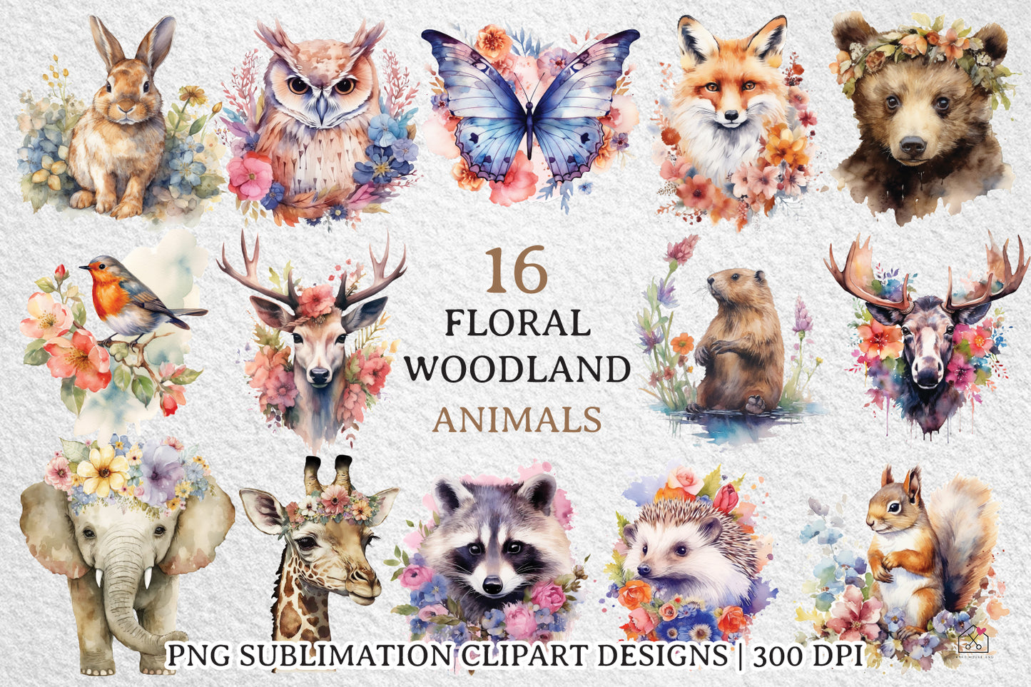 Watercolor Woodland Animal Sublimation Bundle Clipart Designs PNG