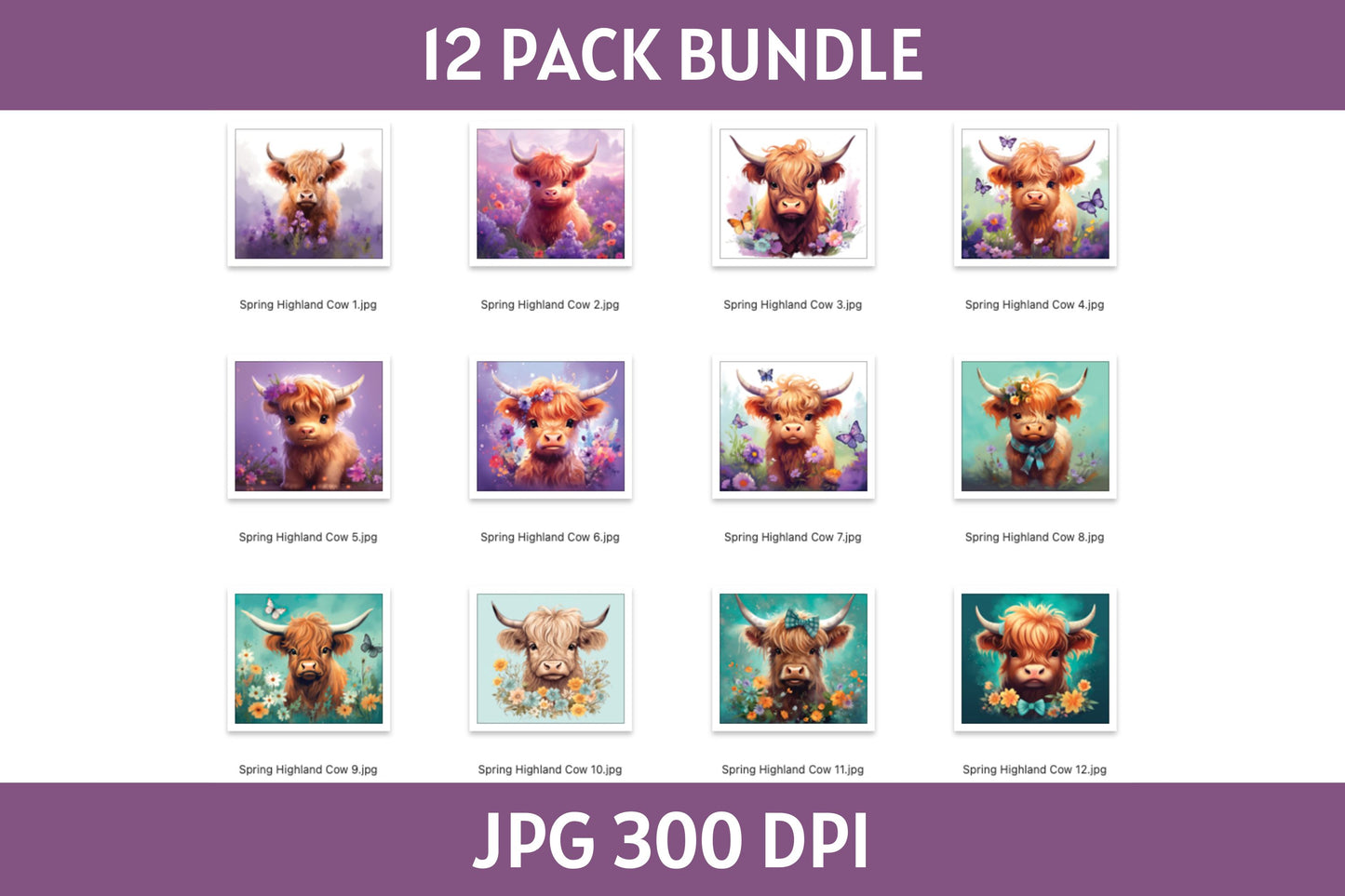 Spring Highland Cow 20 oz Tumbler Wrap Bundle Sublimation Designs JPG