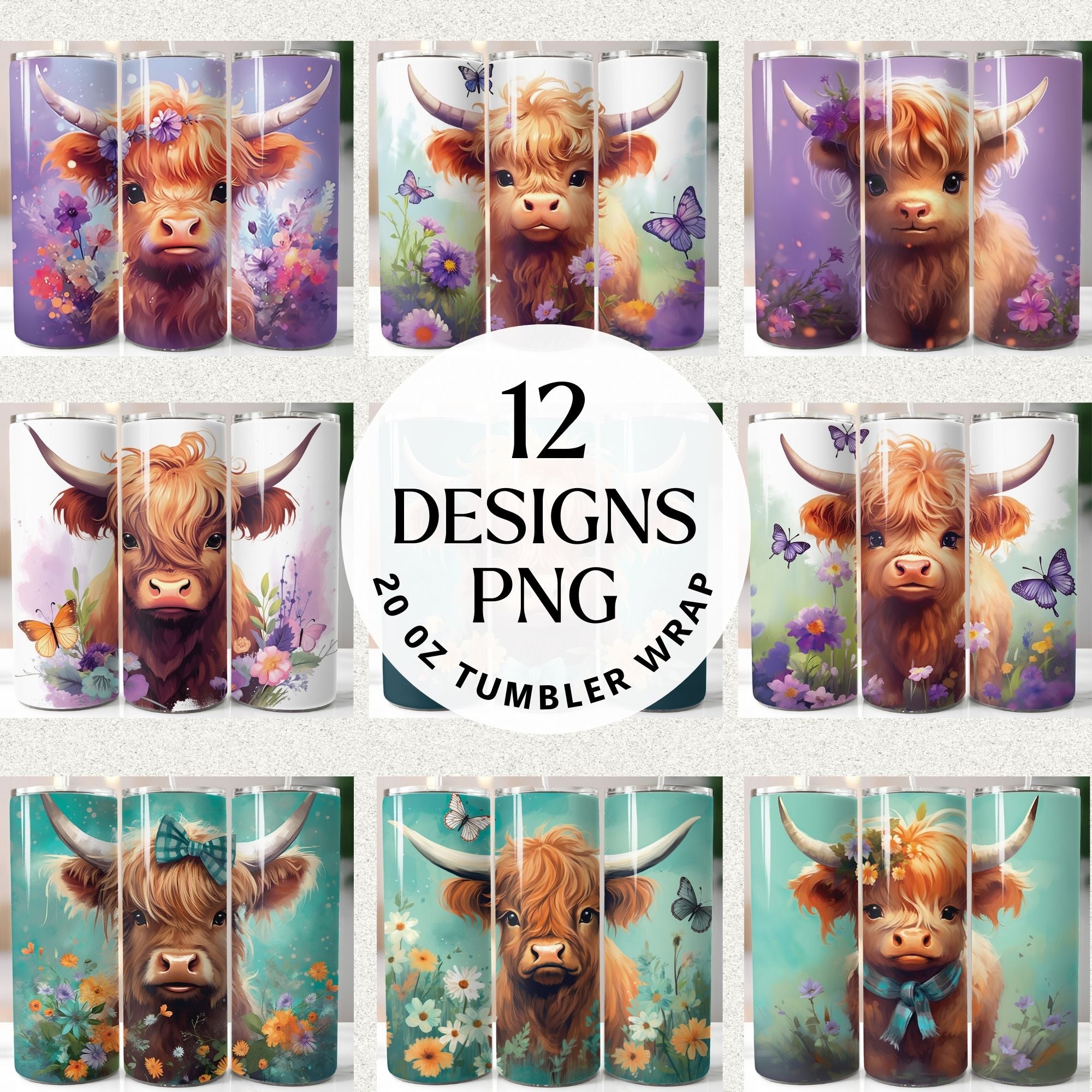 Spring Highland Cow 20 oz Tumbler Wrap Bundle Sublimation Designs JPG