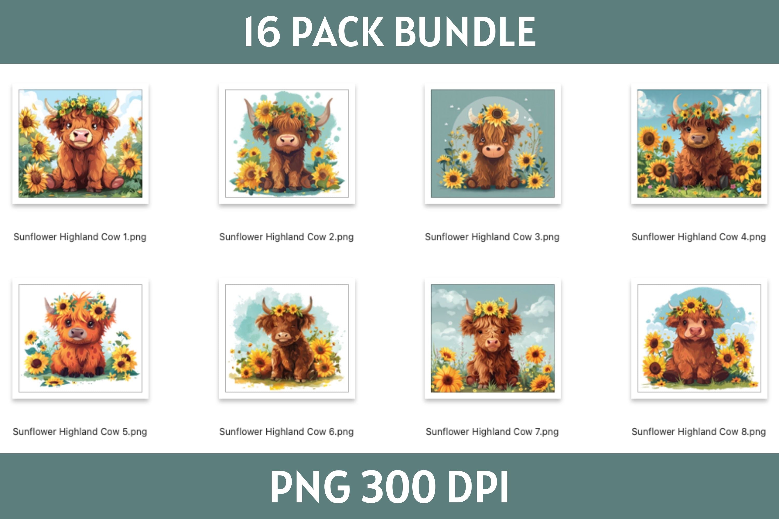 Sunflower Highland Cow Tumbler Sublimation Bundle PNG 20 oz