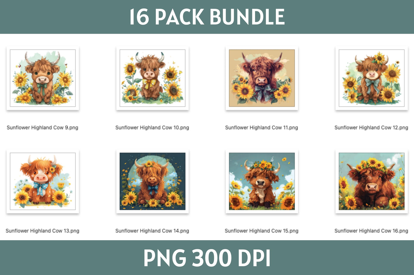 Sunflower Highland Cow Tumbler Sublimation Bundle PNG 20 oz