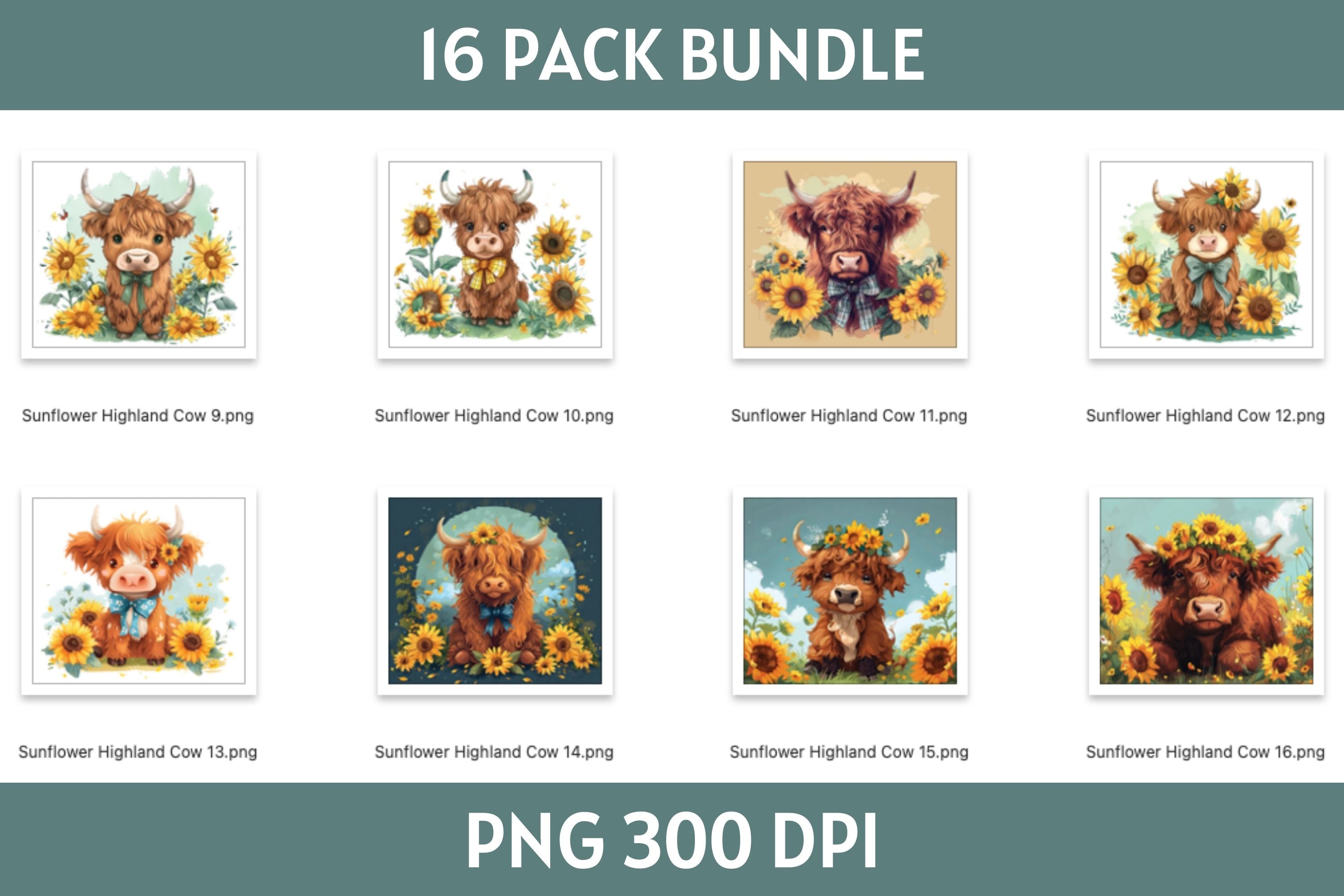 Sunflower Highland Cow Tumbler Sublimation Bundle PNG 20 oz