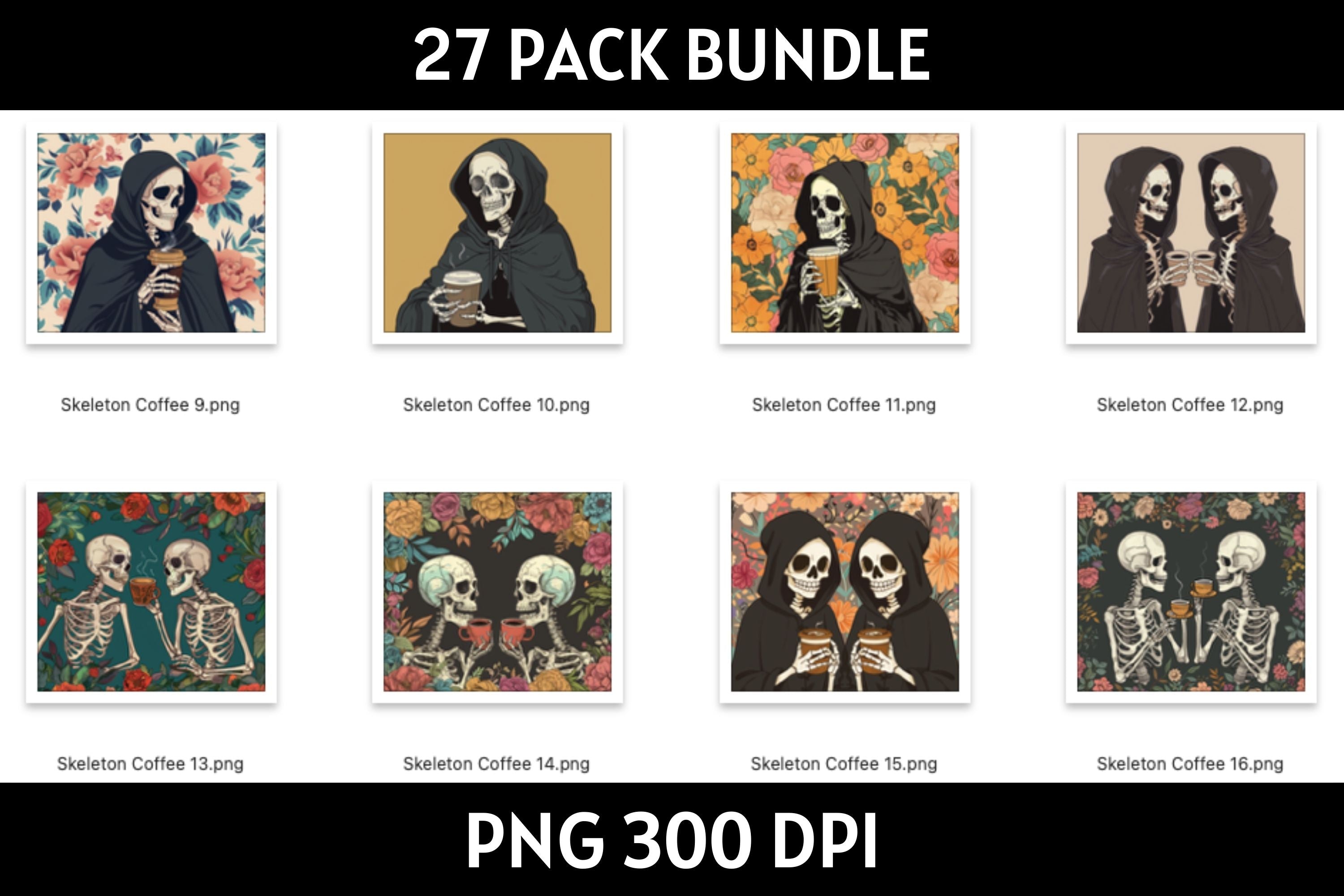 Skeleton Coffee Tumbler Sublimation Bundle PNG 20 oz