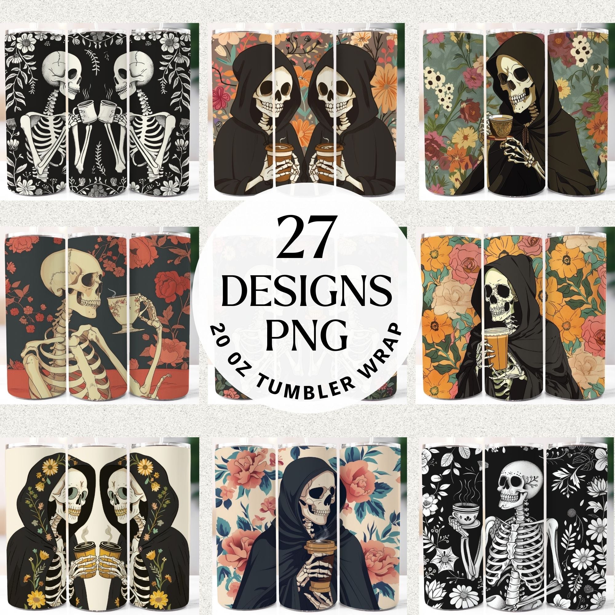 Skeleton Coffee Tumbler Sublimation Bundle PNG 20 oz