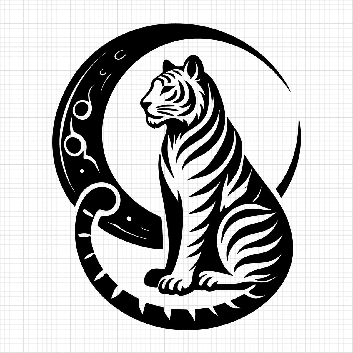 Serene Tiger and Crescent Moon Silhouette