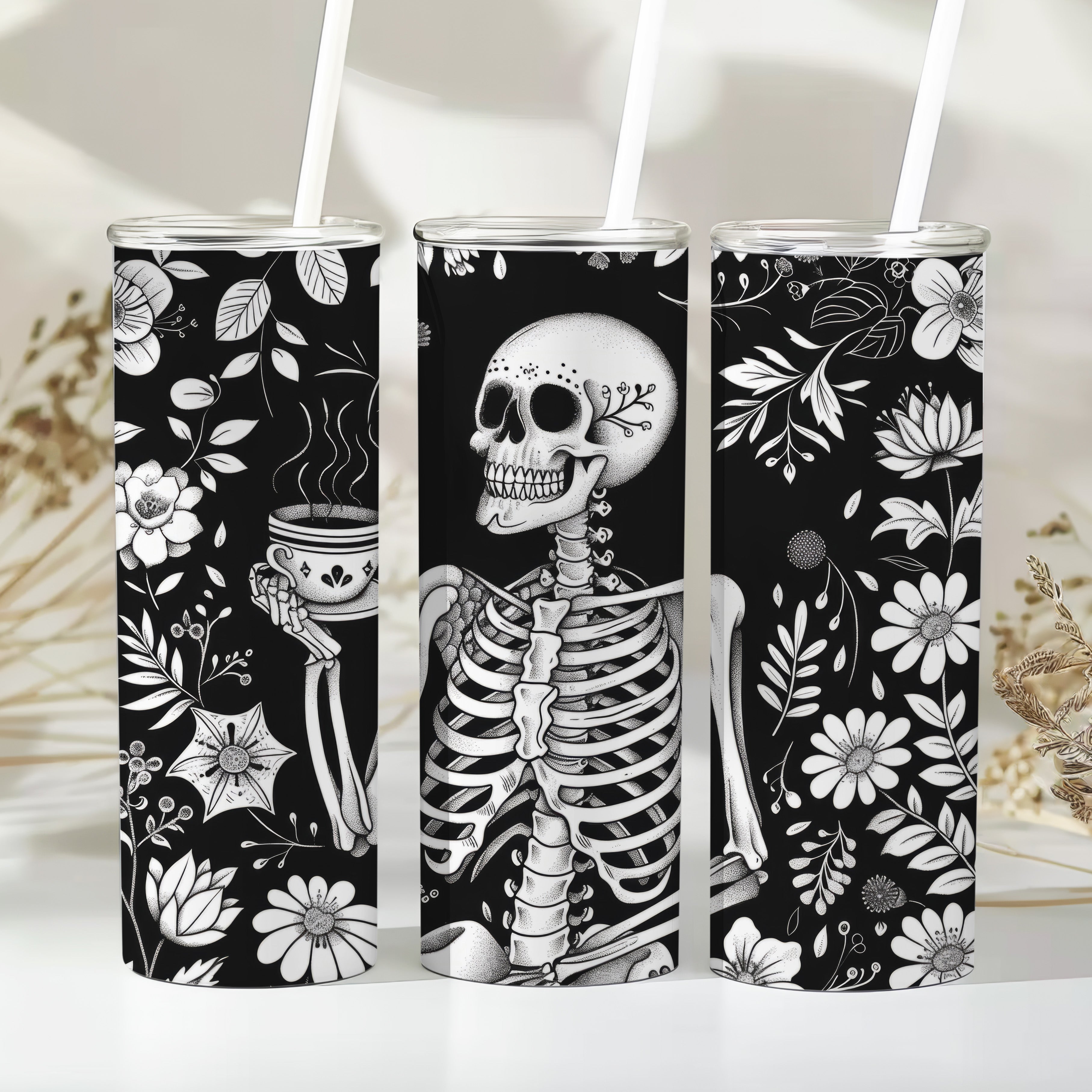 Skeleton Coffee Tumbler Sublimation Bundle PNG 20 oz