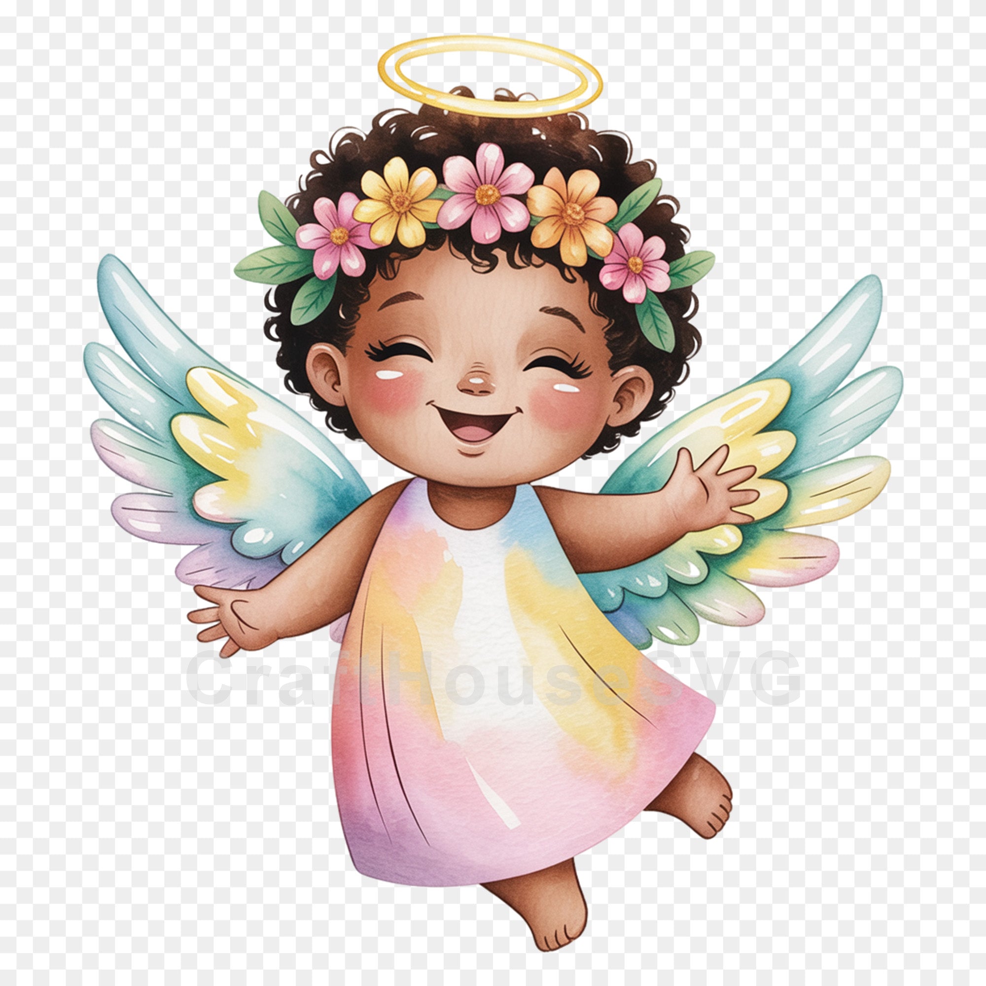 Smiling African American Angel with Flowers PNG Clip Art Sublimation