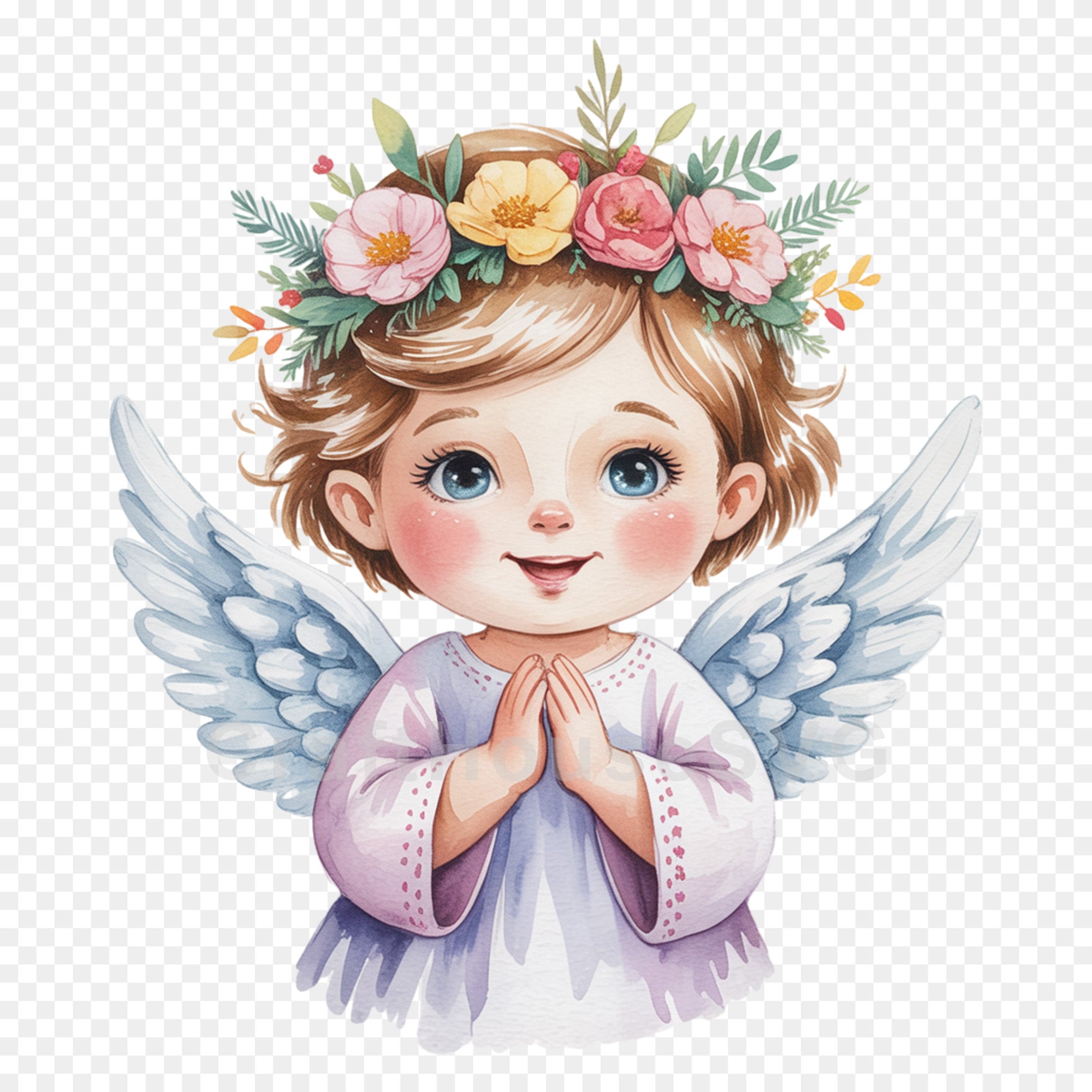 Smiling Angel with Flower Crown PNG Clip Art Sublimation