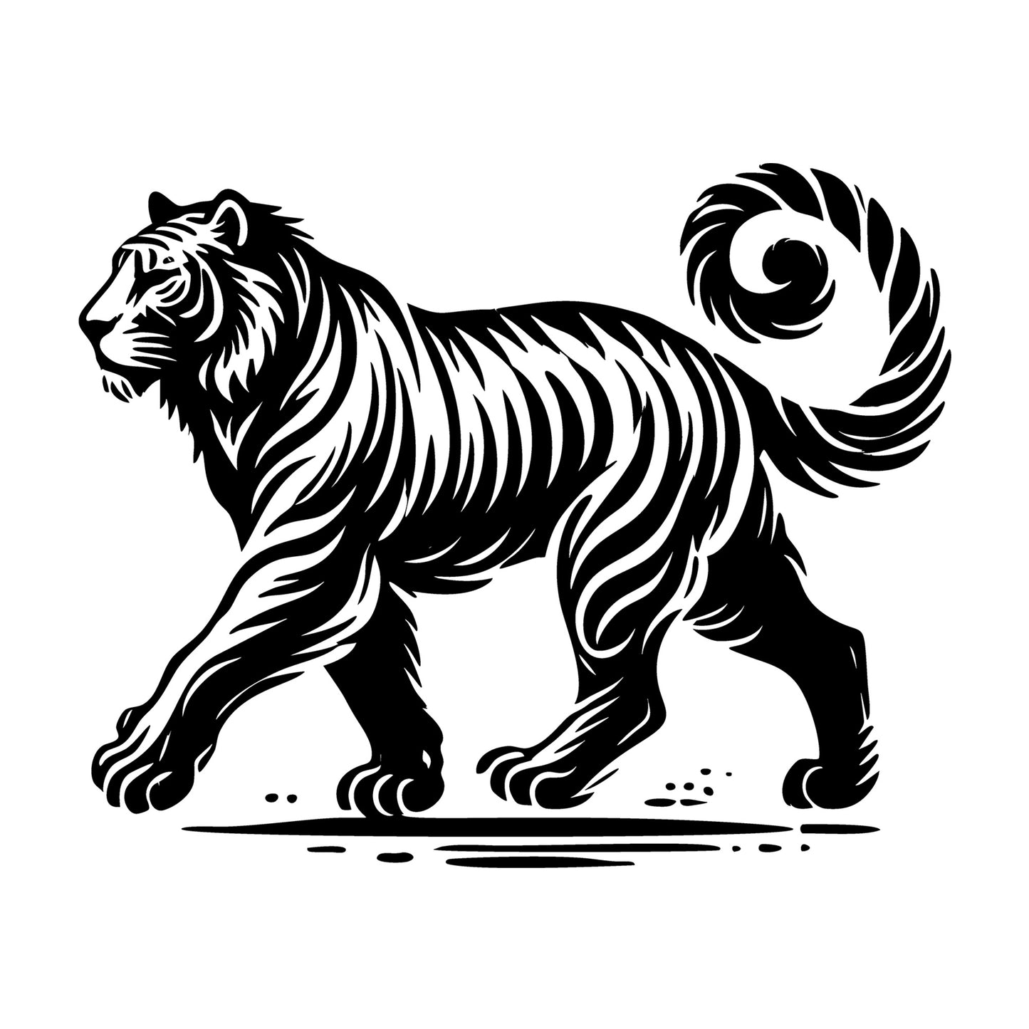 Striped Walking Tiger Silhouette SVG design for Cricut, Silhouette, laser cutting, vinyl, sublimation, and craft projects.
