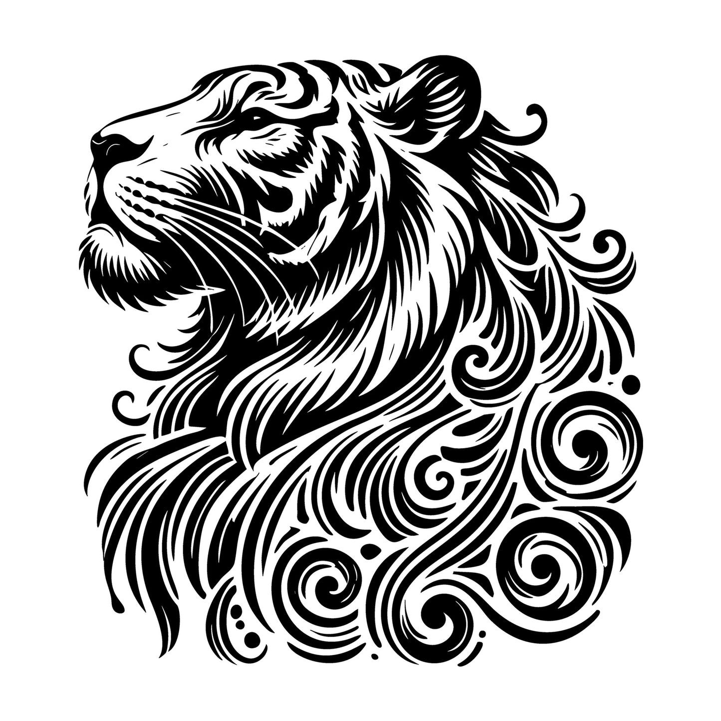 Stylized Tiger Silhouette with Flowing Stripes SVG design for Cricut, Silhouette, laser cutting, vinyl, sublimation, and craft projects.
