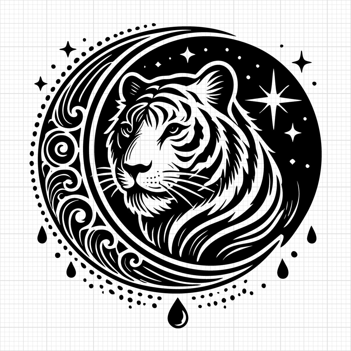 Tiger and Decorative Crescent Moon