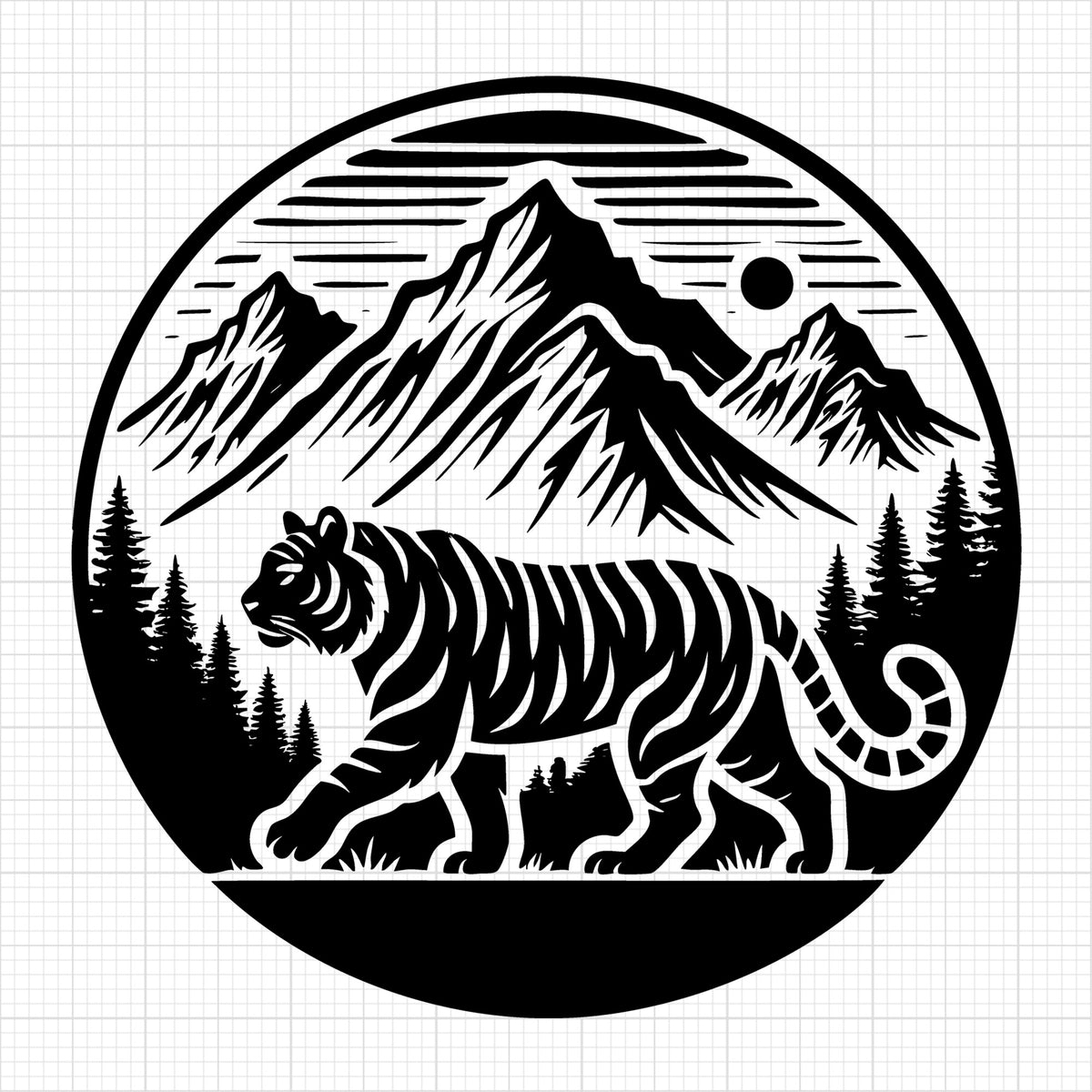 Tiger in Circular Mountain Landscape Silhouette