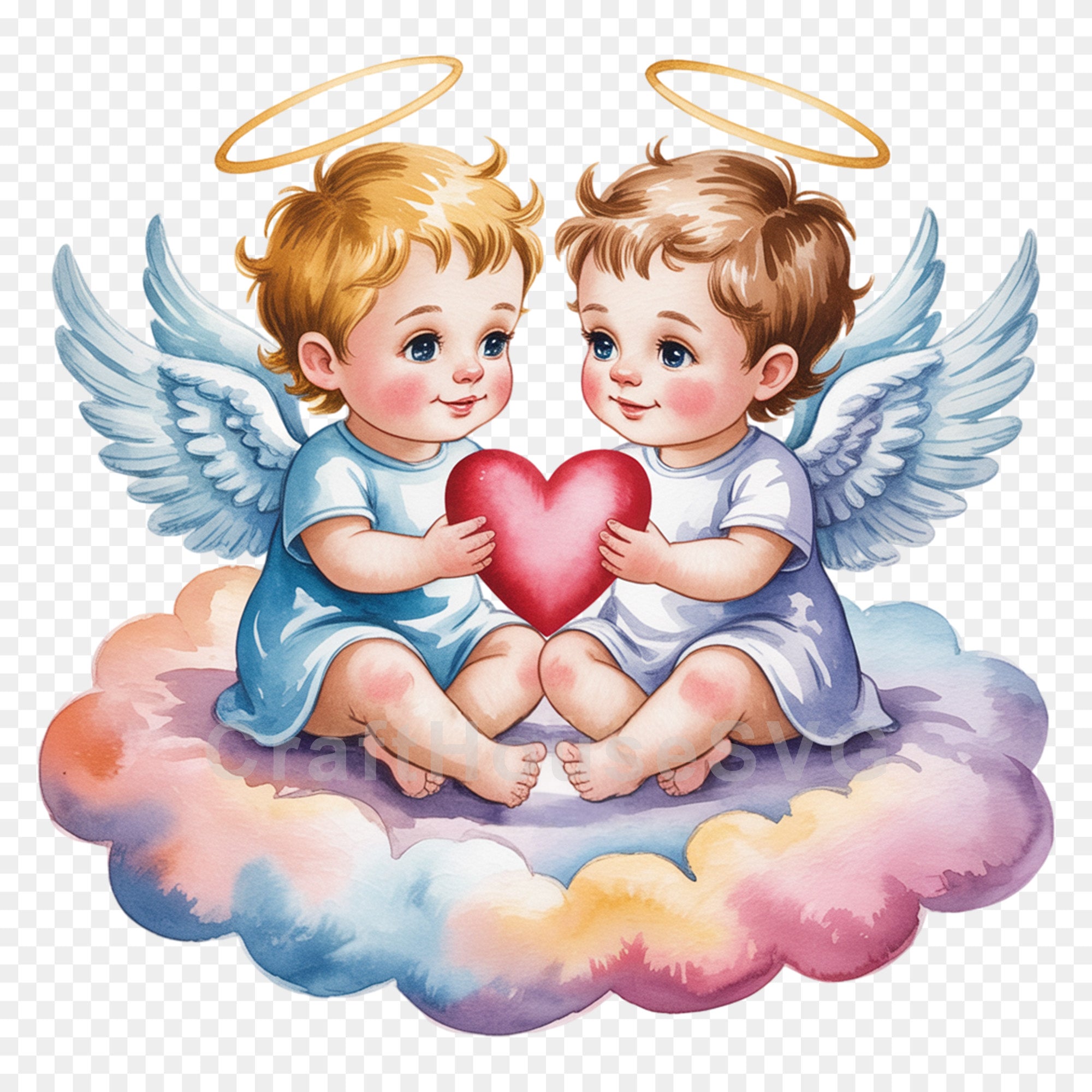 Two Baby Angels with Heart PNG Clip Art Sublimation