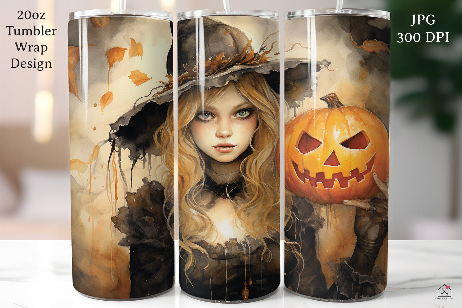 Watercolor Halloween 20oz Tumbler Wrap Bundle Sublimation Designs JPG